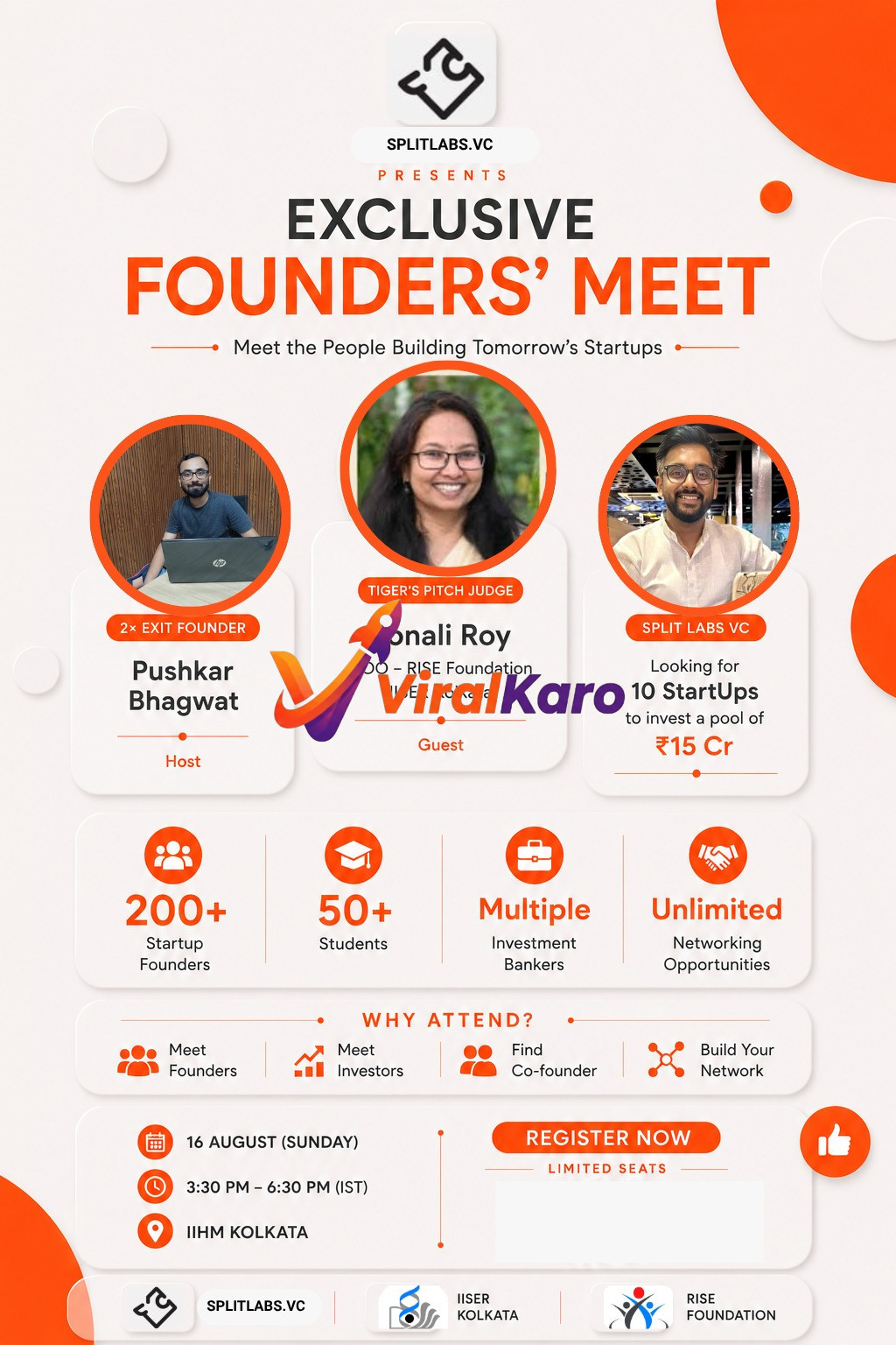 Flyer for SplitLabs.VC Exclusive Founders' Meet in Kolkata featuring Pushkar Bhagwat and Sonali Roy with event details.