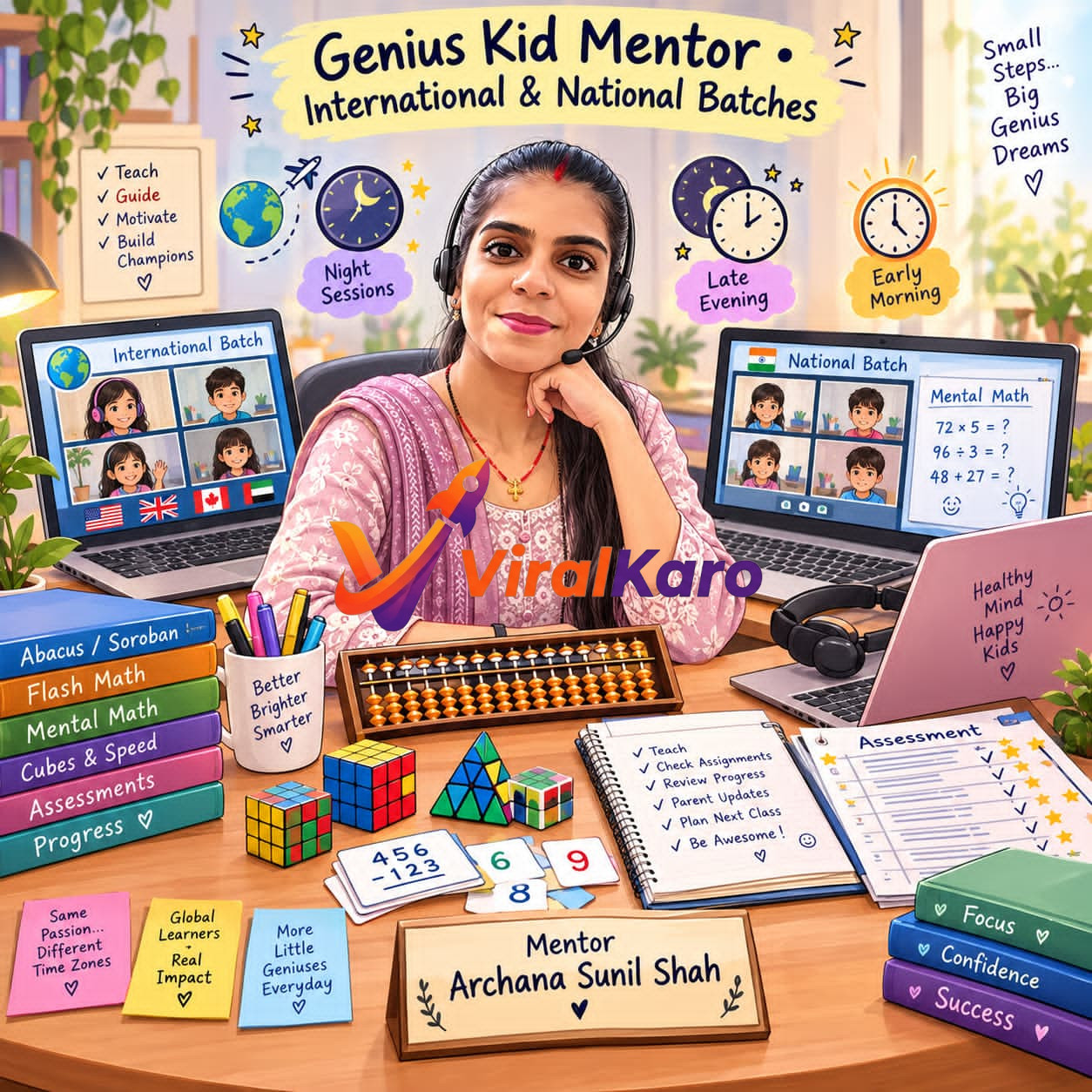 Genius Kid Mentor Archana Sunil Shah teaching online abacus and mental math classes using laptops and an abacus frame.