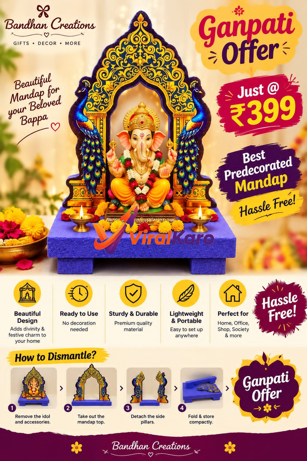 A decorative blue and gold Ganpati mandap with peacock motifs, featuring an idol of Lord Ganesha, ready for festivities.