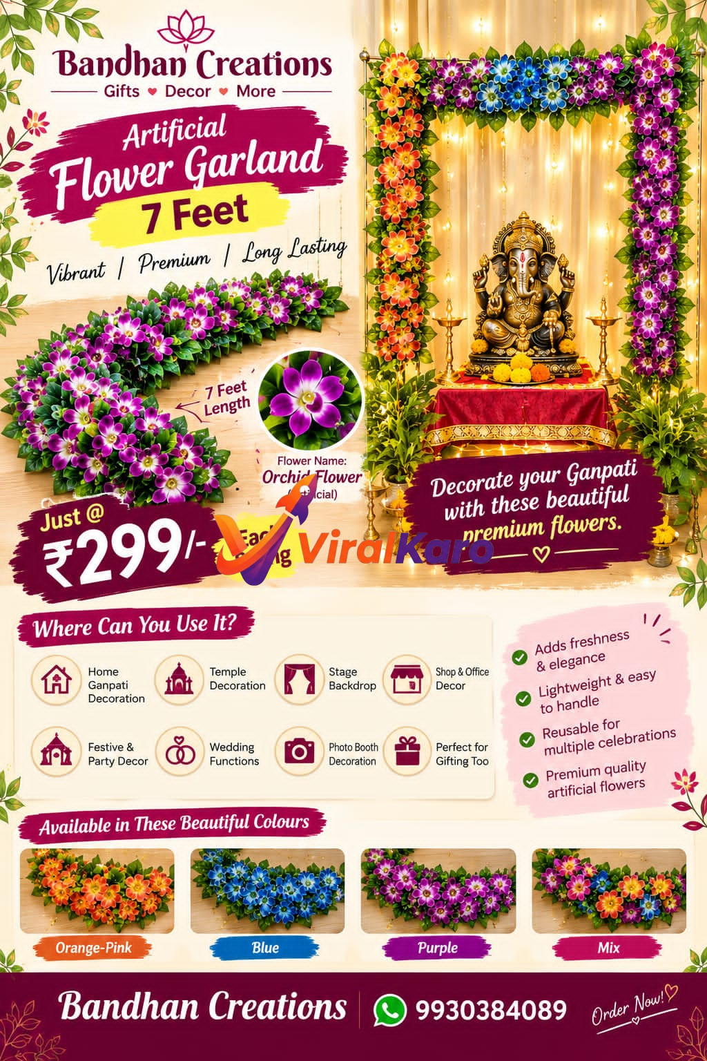 Bandhan Creations advertisement for 7-foot long artificial orchid flower garlands in various colors, showcasing a Ganpati idol setup decorated with the product, priced at ₹299 per string.