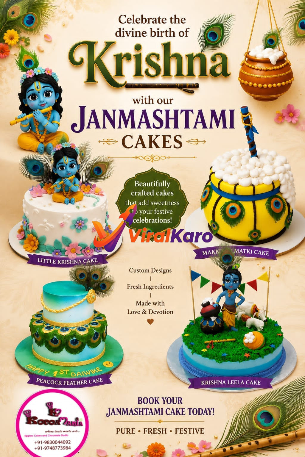 A promotional advertisement for Cocoa Mania showcasing various Krishna-themed Janmashtami cakes including Little Krishna, Peacock feather, and Makhan Matki designs.
