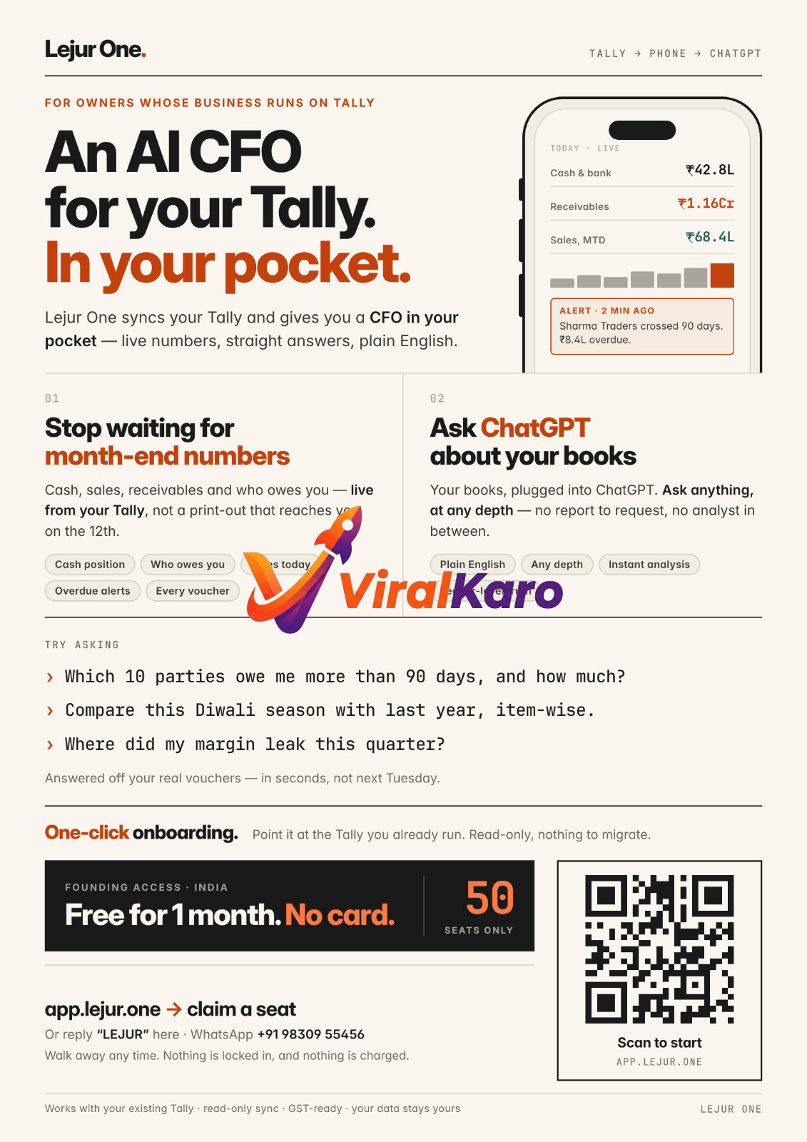 Lejur One advertisement showing 'An AI CFO for your Tally. In your pocket.' with features like real-time numbers and ChatGPT integration.