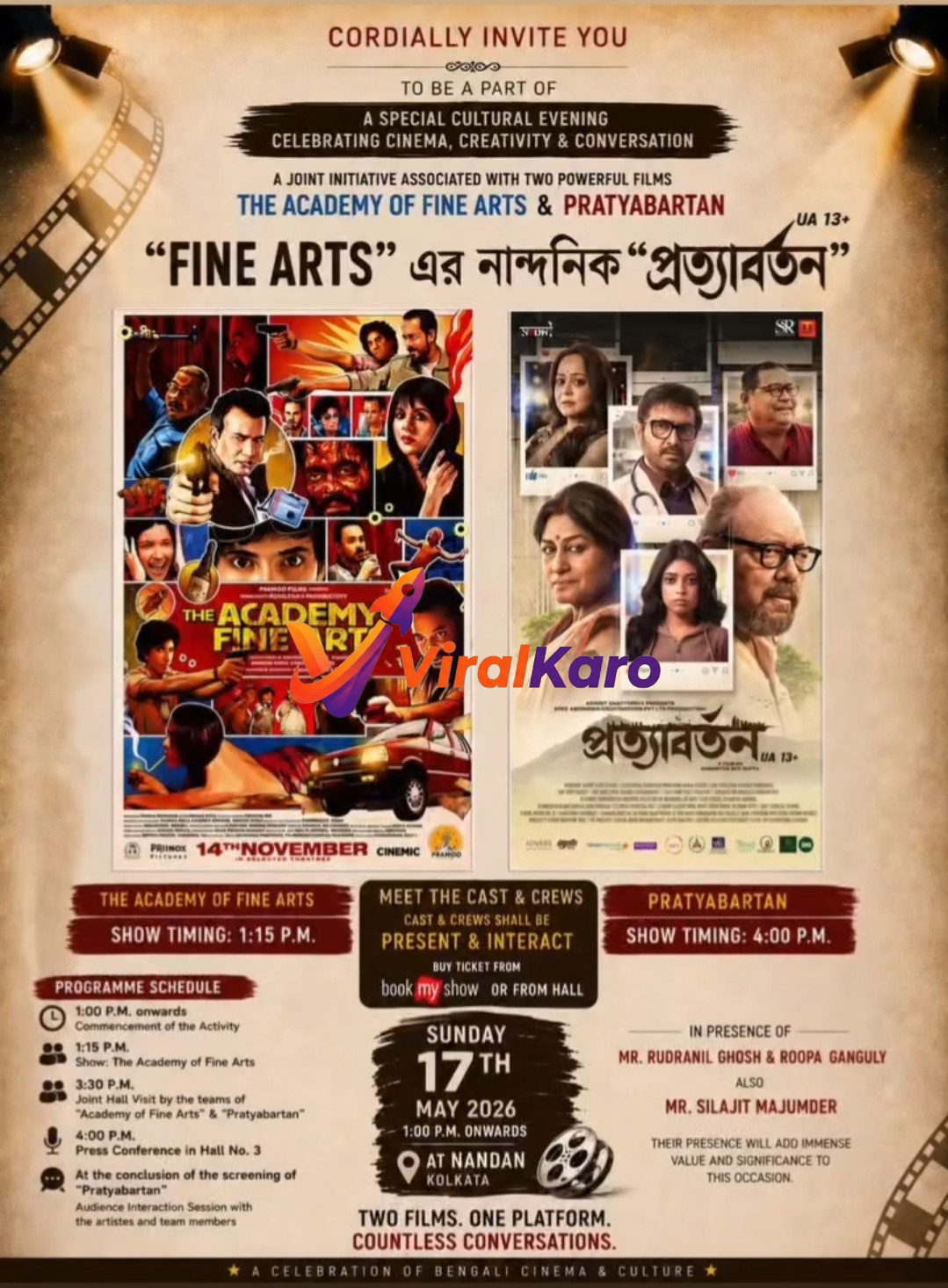 Promotional poster for "The Academy of Fine Arts" and "Pratyabartan" film event in Kolkata. The image features movie posters with cast members, details about the event including the date (Sunday, May 17, 2026), venue (Nandan, Kolkata), program schedule, and special guests like Rudranil Ghosh, Roopa Ganguly, and Silajit Majumder. The design incorporates film reel elements and spotlights, indicating a cinematic celebration.