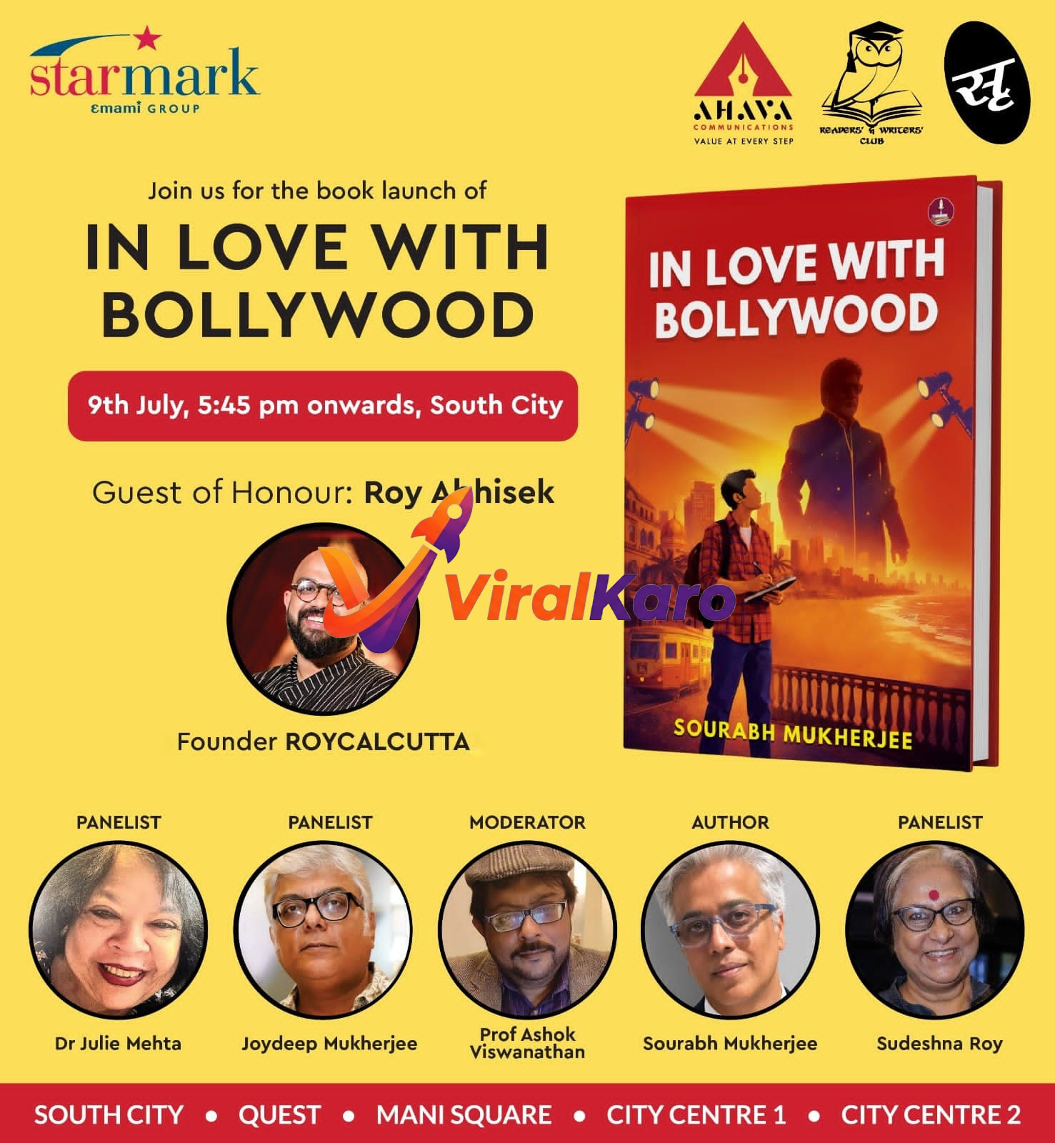 Event poster for the book launch of In Love with Bollywood by Sourabh Mukherjee, featuring a list of panelists, the Guest of Honour Roy Abhisek, and Starmark branding.