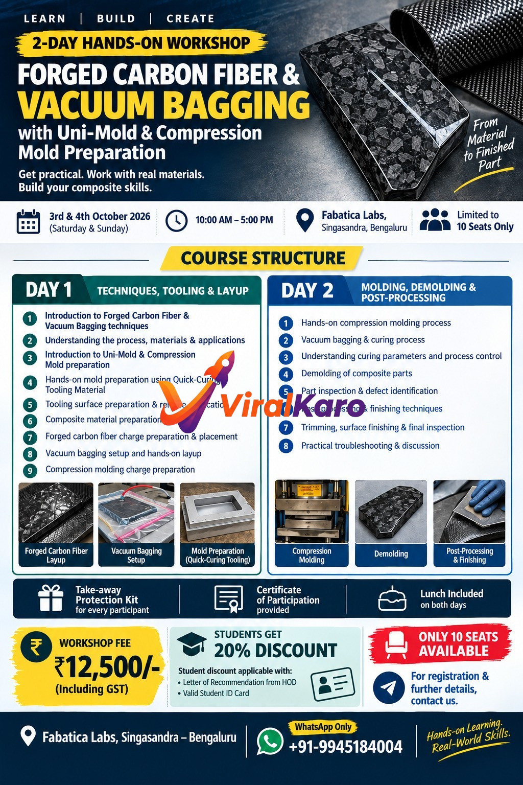 Flyer for a 2-day forged carbon fiber and vacuum bagging workshop at Fabatica Labs, featuring course details, dates, and registration information.