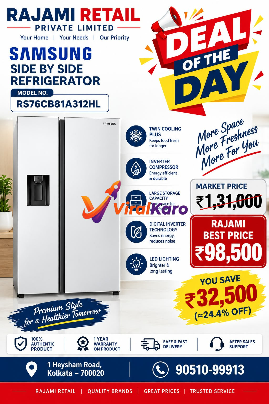 Samsung side-by-side refrigerator advertisement featuring deal price Rs 98,500 from Rajami Retail Kolkata.