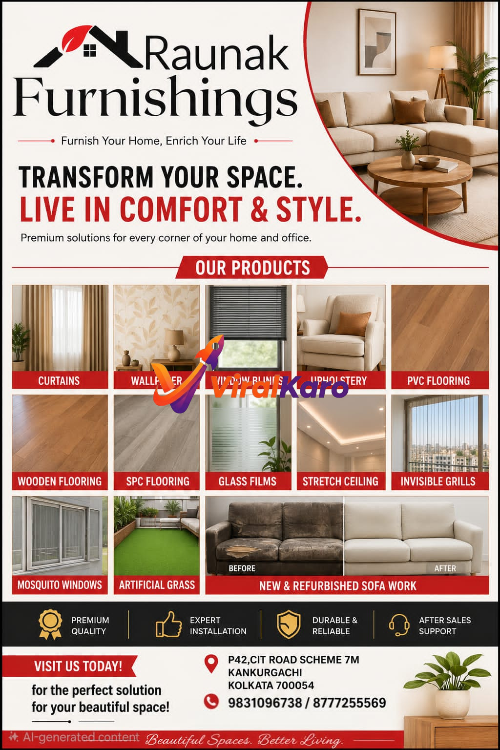 An advertisement for Raunak Furnishings showcasing a wide range of home interior solutions including curtains, wallpaper, window blinds, upholstery, various types of flooring (PVC, wooden, SPC), glass films, stretch ceilings, invisible grills, mosquito windows, artificial grass, and before-and-after images of sofa refurbishment. The ad highlights premium quality, expert installation, durability, reliability, and after-sales support, with contact details for their Kolkata store at P42, CIT Road Scheme 7M, Kankurgachi, Kolkata 700054, along with phone numbers 9831096738 and 8777255569.