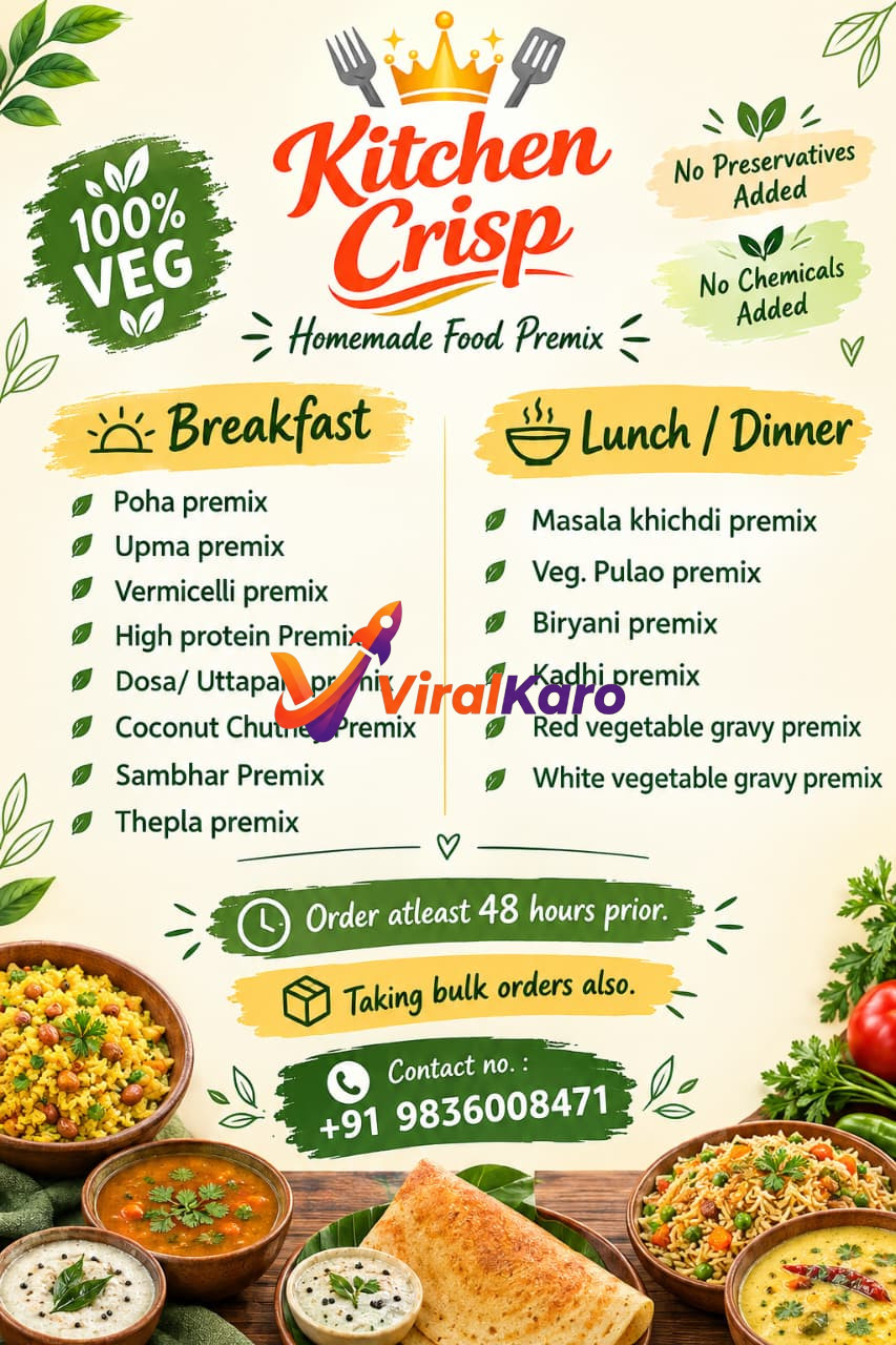 An advertisement for Kitchen Crisp showing various Indian food premixes for breakfast and lunch with images of Poha, Biryani, and Dosa.