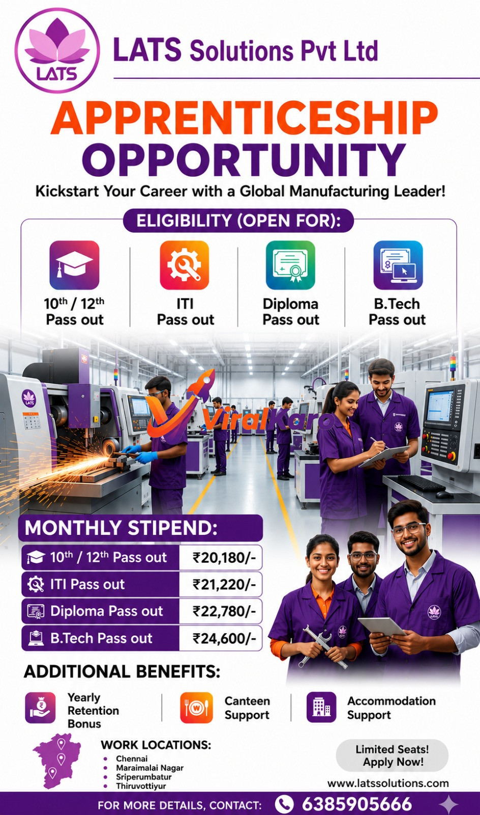 Recruitment poster for LATS Solutions Pvt Ltd apprenticeship program highlighting eligibility criteria, stipends, and work locations in Chennai.