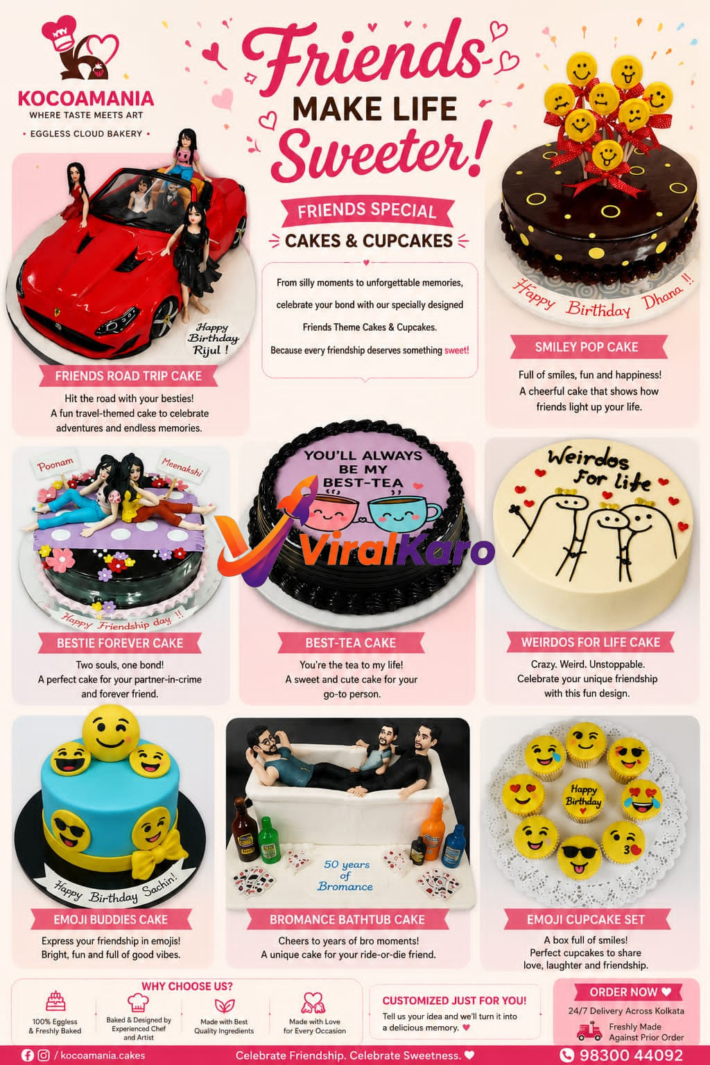 A collage of various custom-designed, 100% eggless friendship-themed cakes and cupcakes from Kocoamania, featuring designs like a red sports car, emojis, and bromance themes.