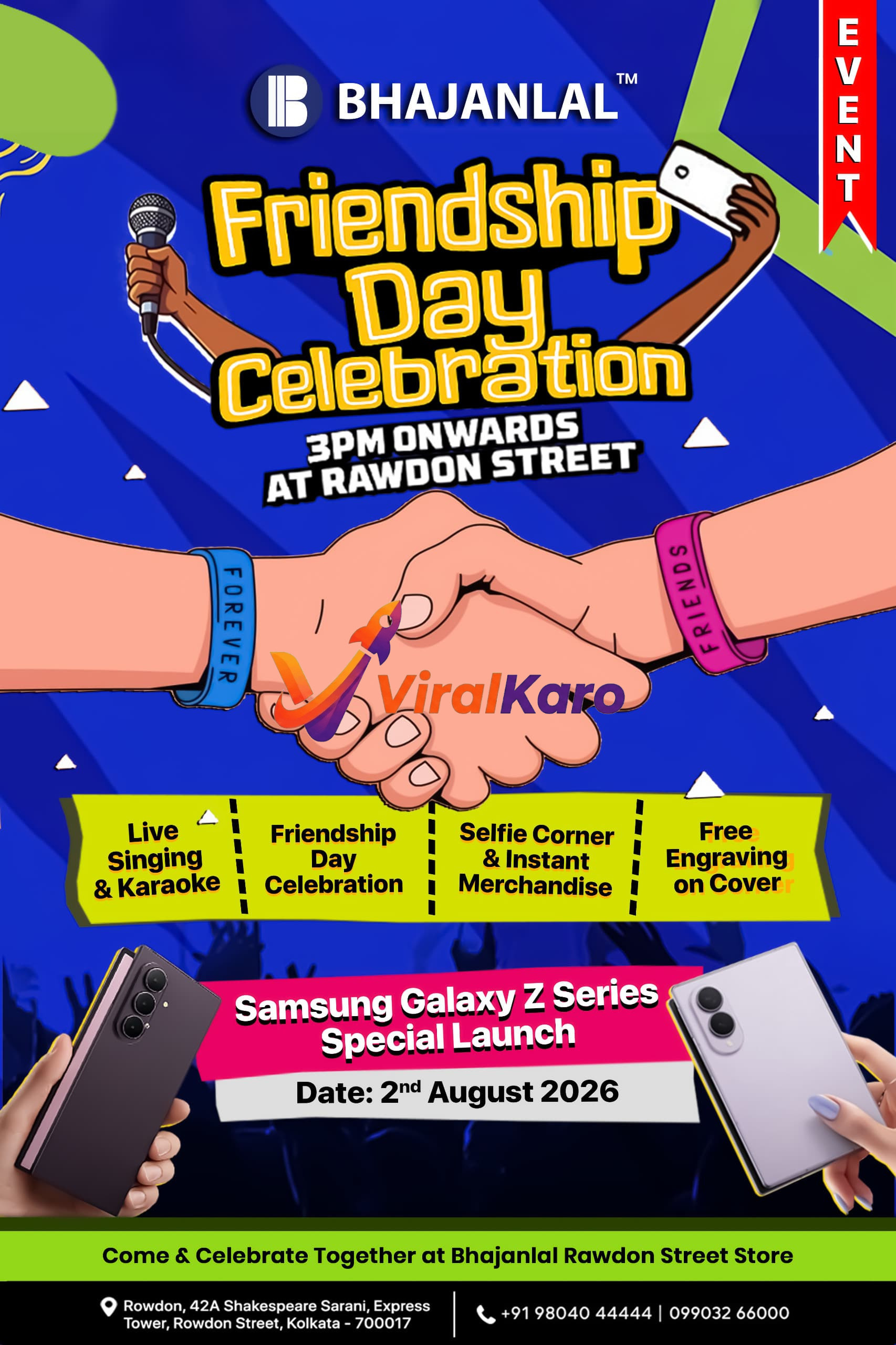 Friendship Day celebration event poster by Bhajanlal at Rawdon Street, Kolkata featuring Samsung Galaxy Z Series launch and activities.