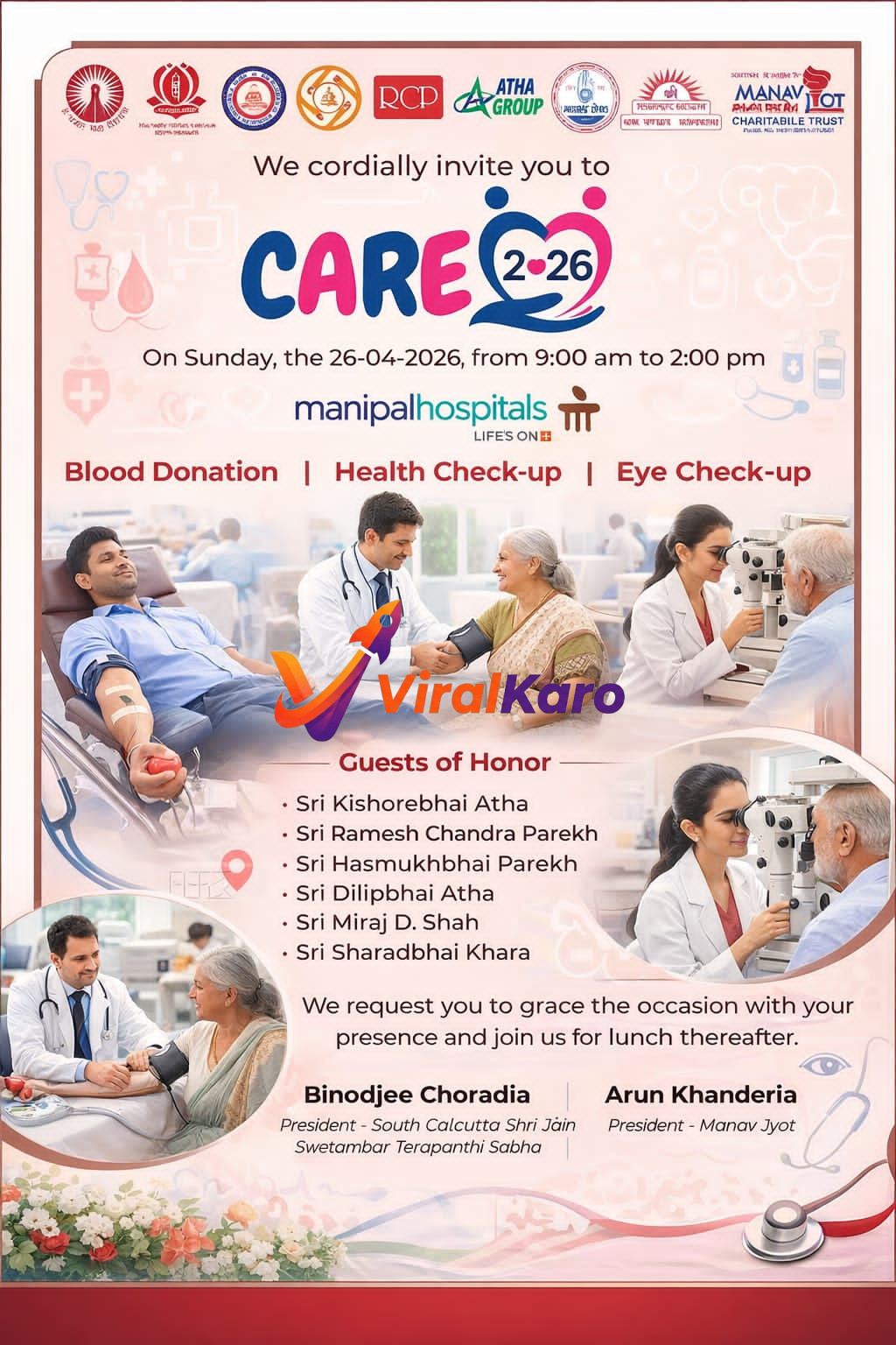 A promotional poster for the CARE 2-26 free health camp organized by Manipal Hospitals and partners. The poster features images of a blood donation drive, a doctor checking a senior woman's blood pressure, and an optometrist performing an eye check-up. Key details include the date (April 26, 2026), time (9 AM - 2 PM), and activities offered: Blood Donation, Health Check-up, and Eye Check-up. Logos of various sponsoring organizations like Atha Group, RCP, and Manav Jyot are visible at the top, along with names of guests of honor and inviting presidents. The design is clean with medical-themed icons and a red, white, and blue color scheme.
