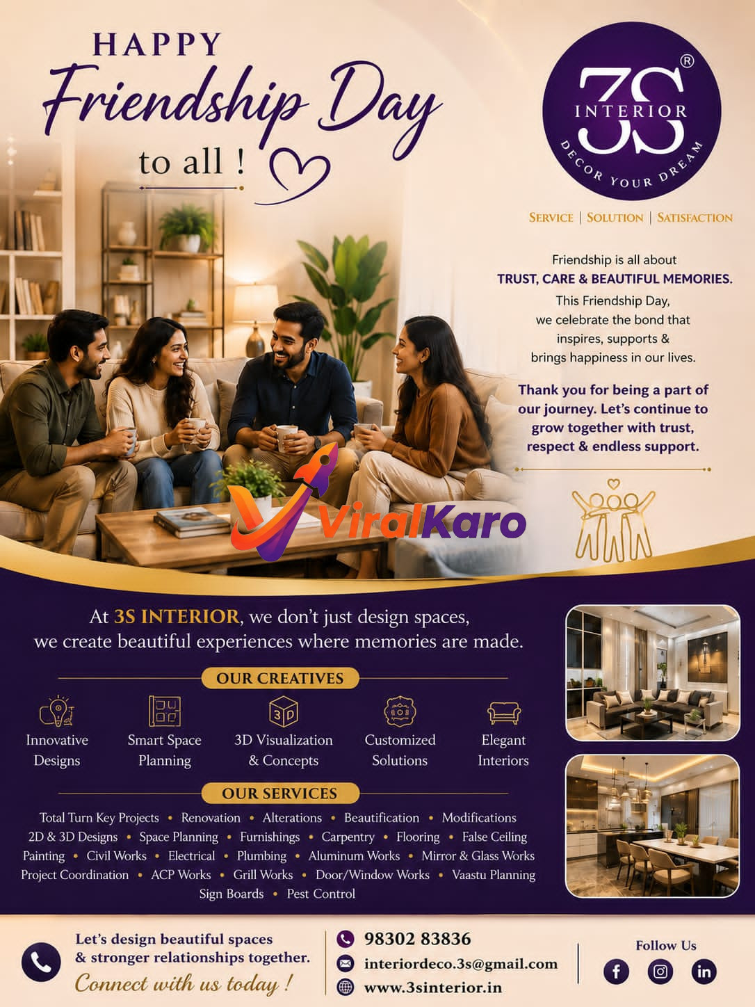 3S Interior Friendship Day marketing banner featuring a group of friends sitting in a modern, elegantly designed living room, promoting interior design services.