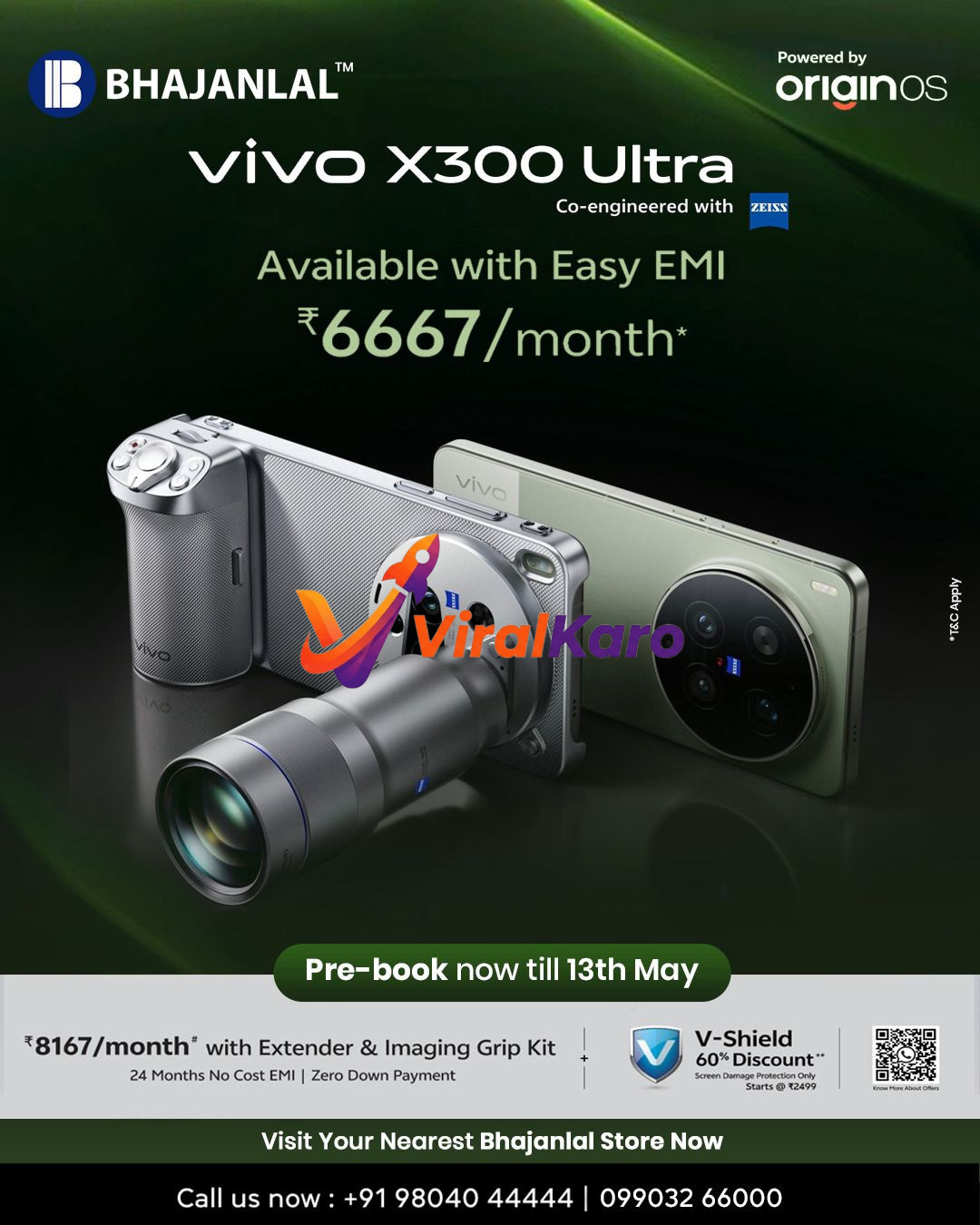 Close-up of the Vivo X300 Ultra smartphone in silver and light green, featuring a large circular camera module co-engineered with Zeiss, an attached imaging grip kit with an extender lens, all set against a dark green gradient background with the Bhajanlal logo and 'Powered by OriginOS' branding.