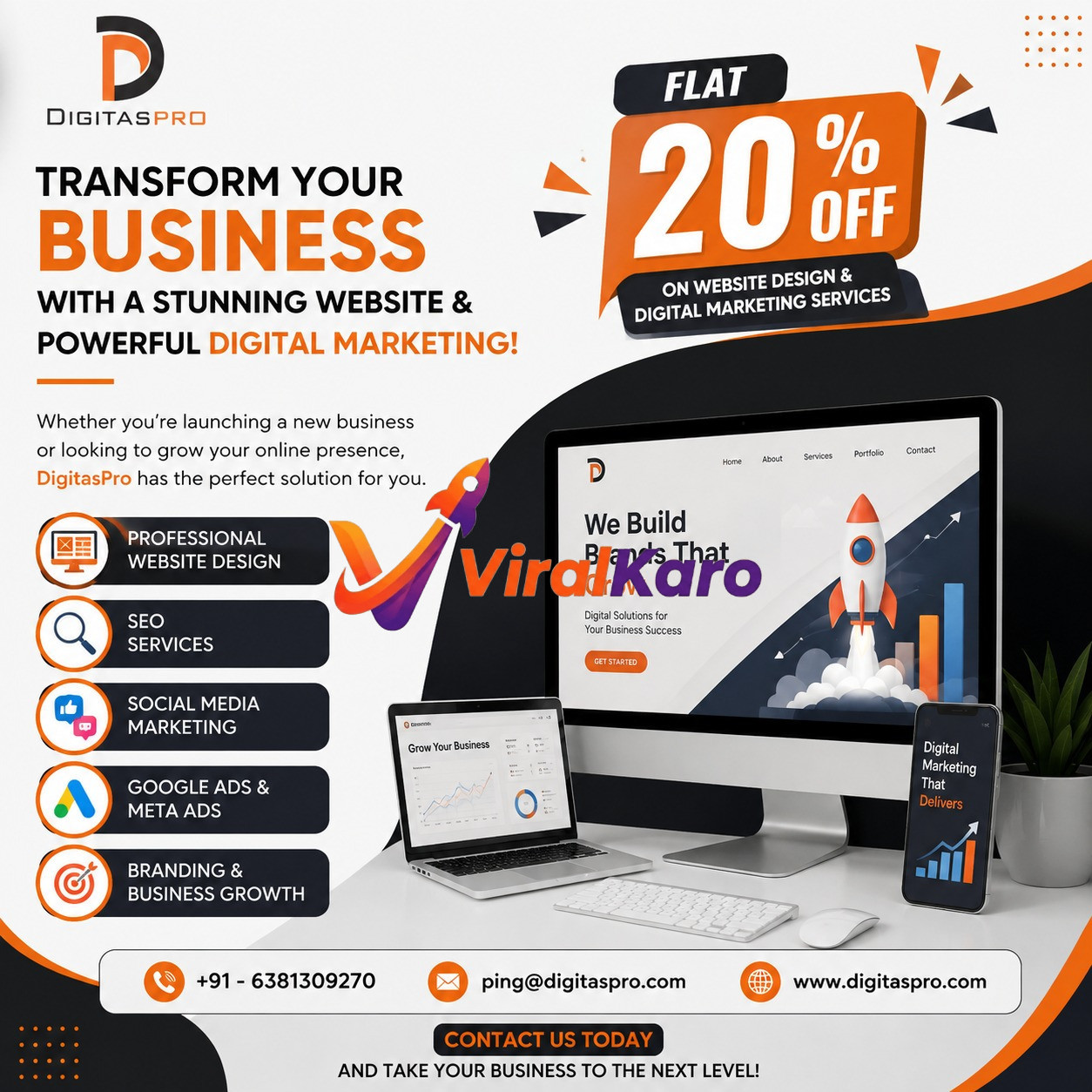 DigitasPro digital marketing agency advertisement featuring website design, SEO, and business growth services with a 20% discount offer.