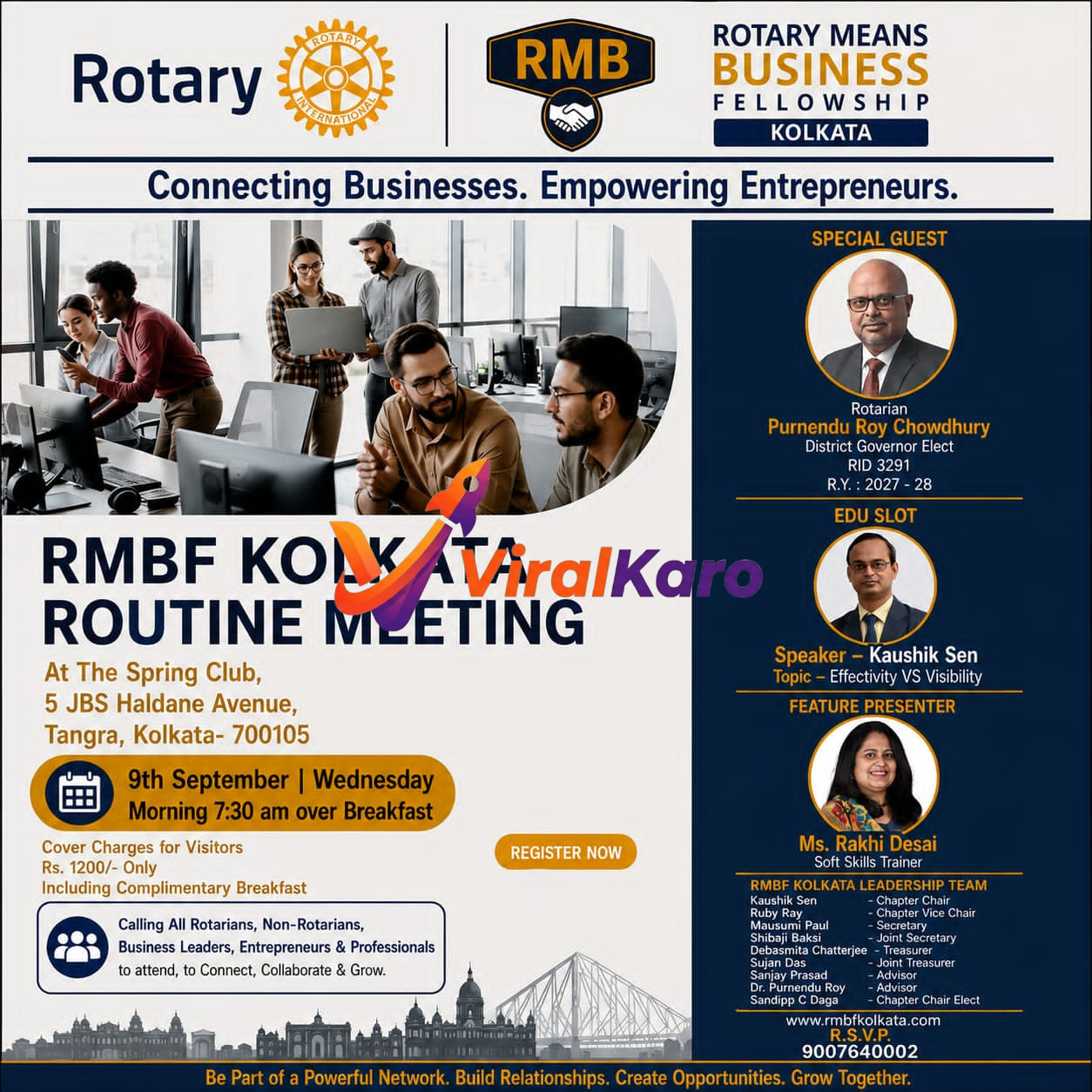 Flyer for RMBF Kolkata Routine Meeting at The Spring Club, featuring details on guest speakers, date, and registration info.