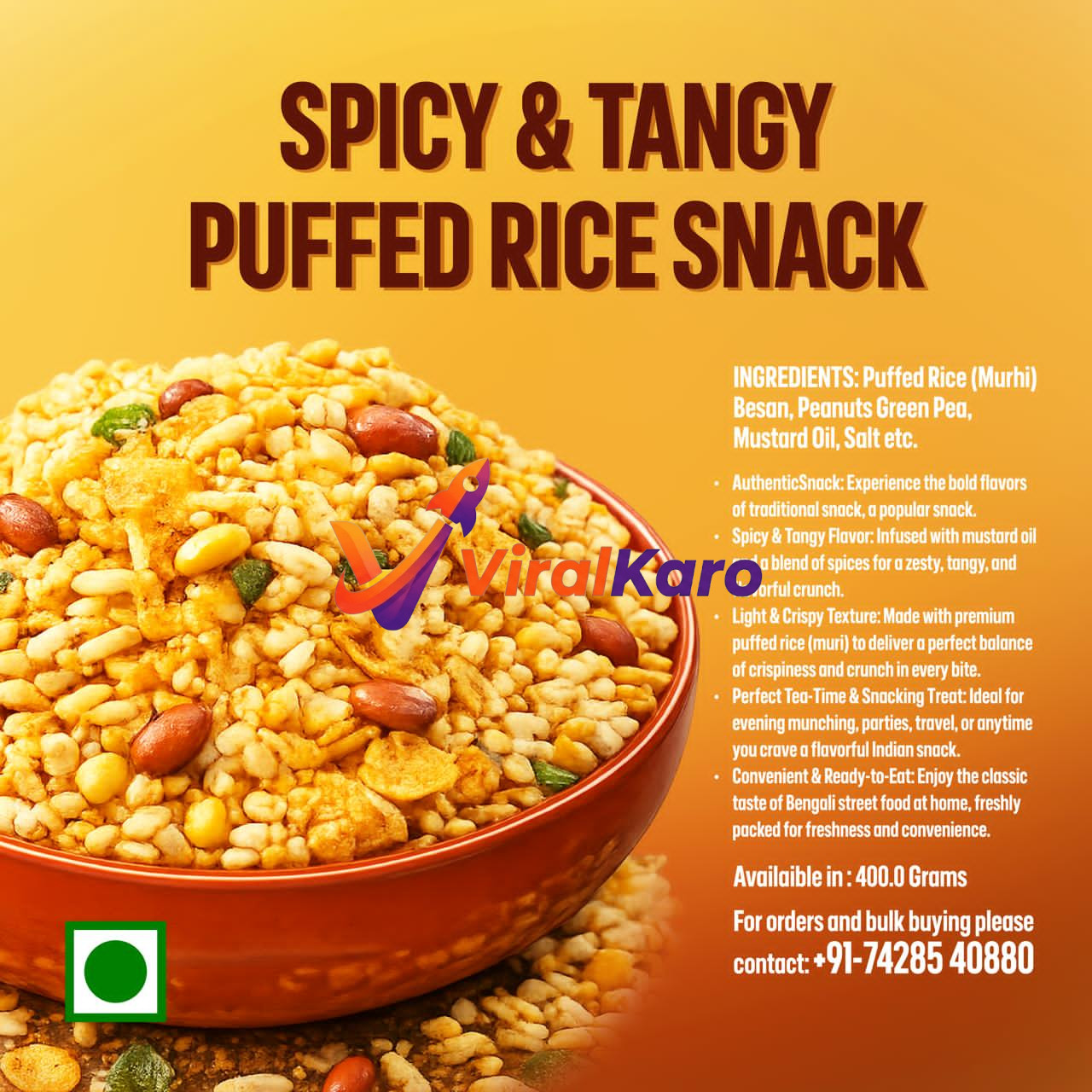 A close-up shot of a vibrant red bowl overflowing with a golden, Spicy & Tangy Puffed Rice Snack (Muri). The snack mix features crisp puffed rice, roasted peanuts, green peas, and crunchy besan bits, all coated in a zesty, golden-orange spice blend. The background is a warm, inviting yellow, and a green square vegetarian symbol is visible in the bottom left corner.