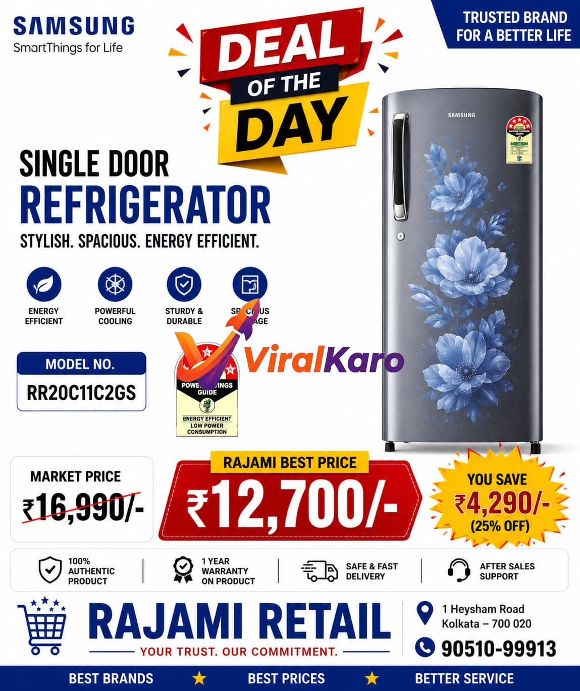 Samsung single door refrigerator with floral print, displayed with a 'Deal of the Day' tag and pricing details from Rajami Retail in Kolkata.