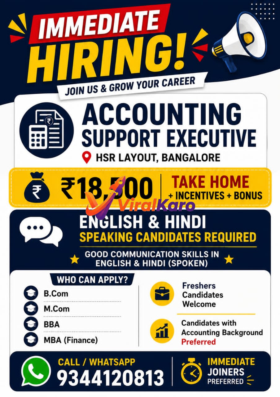 Job advertisement flyer for an Accounting Support Executive position in HSR Layout, Bangalore, offering 18500 rupees per month.