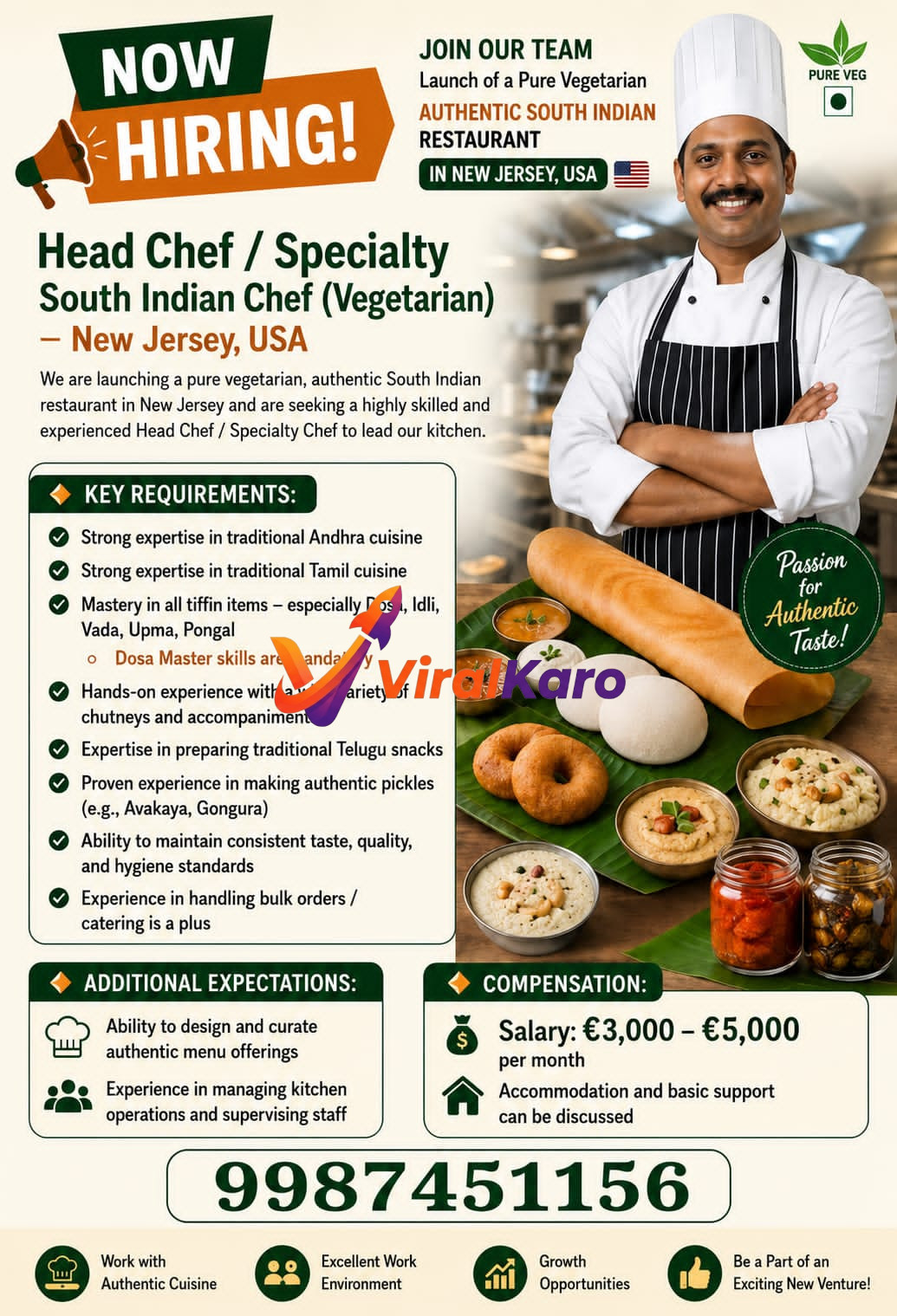 Job advertisement poster for a Head Chef / Specialty South Indian Chef position at a new pure vegetarian, authentic South Indian restaurant in New Jersey, USA. The poster features a smiling male chef in a chef's hat and apron, with a variety of South Indian dishes like dosa, idli, vada, chutneys, and pickles. Key requirements, additional expectations, compensation (€3,000-€5,000), and contact number (9987451156) are listed clearly.