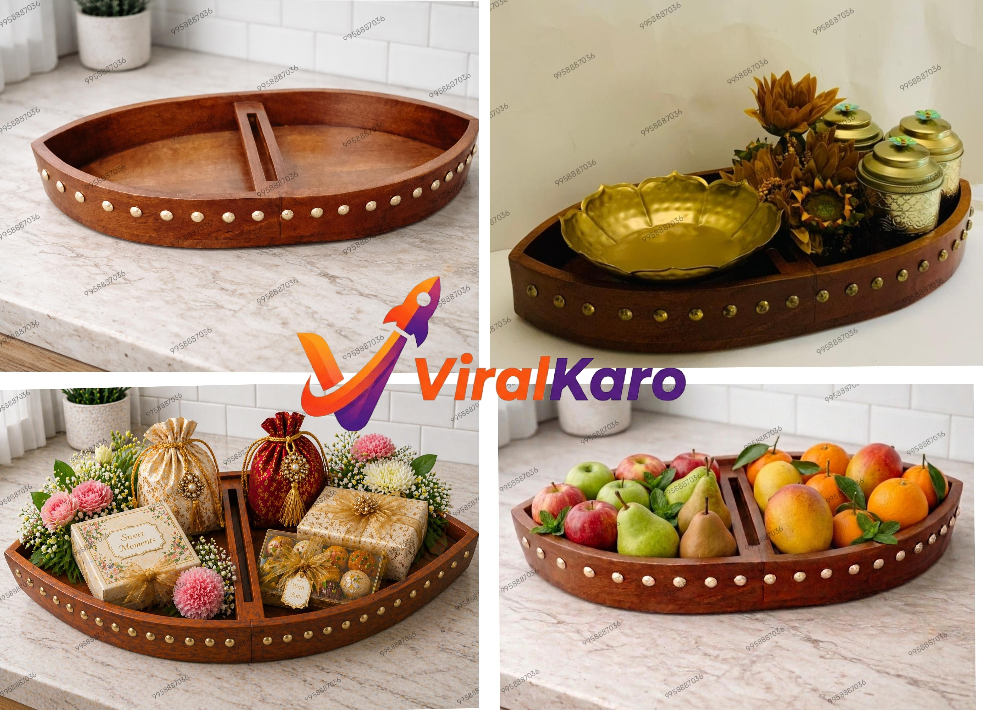 A collection of images showcasing a dark brown wooden boat-shaped tray with golden brass stud embellishments. The tray is displayed empty, then styled with a golden lotus-shaped bowl and decorative elements, later filled with various gift items like potlis, sweet boxes (ladoos), and fresh flowers, and finally laden with a vibrant assortment of fresh fruits including red apples, green pears, yellow mangoes, and orange mandarins, all placed on a light marble countertop.
