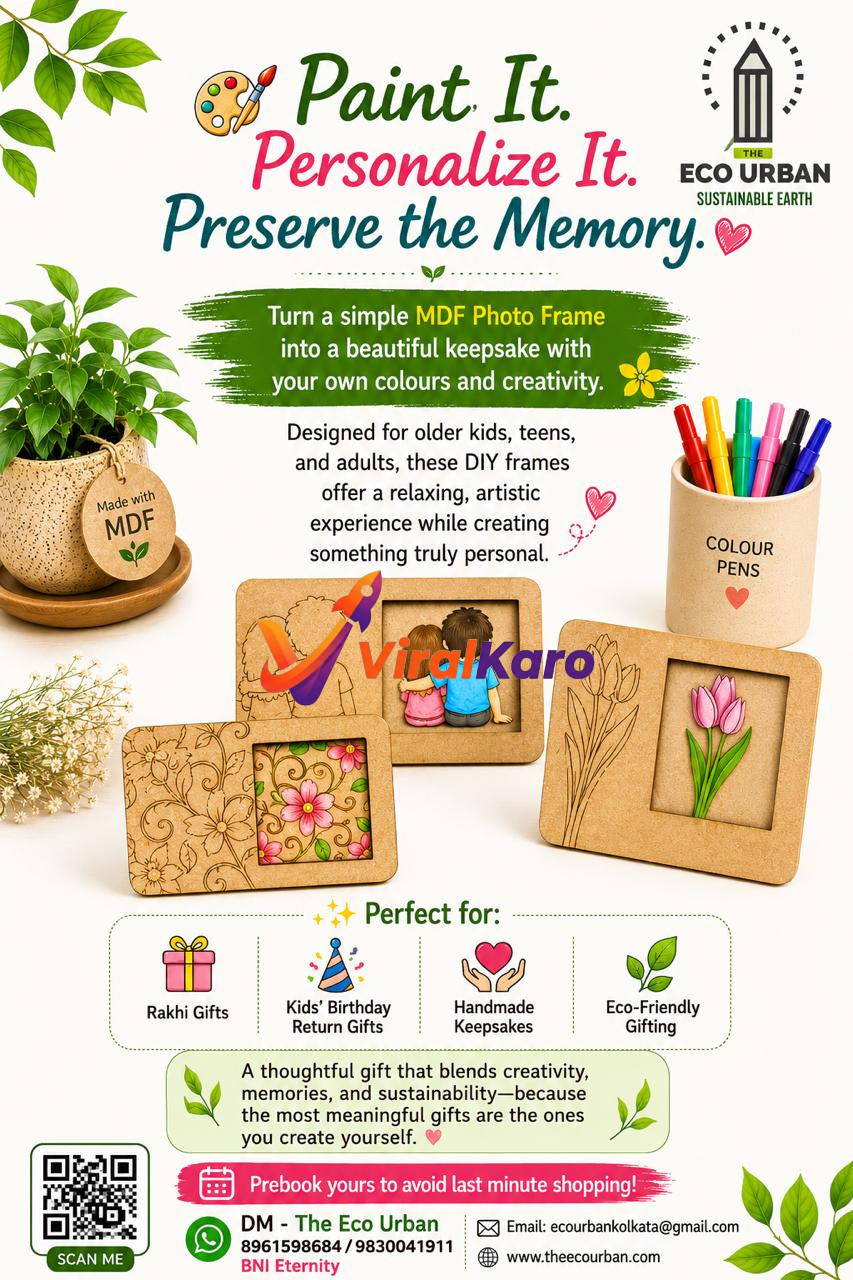A flat lay image displaying DIY MDF photo frames, a wooden pen stand with colorful markers, and a small plant, showcasing an eco-friendly craft kit by The Eco Urban.