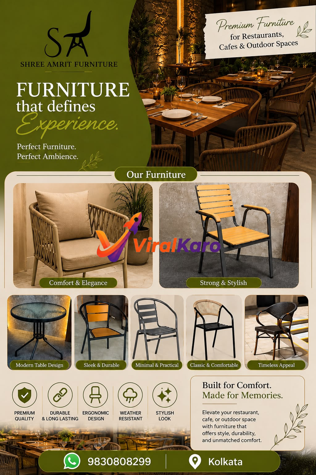 A selection of premium indoor and outdoor chairs and tables from Shree Amrit Furniture, featuring a mix of modern and classic designs for restaurants and cafes.