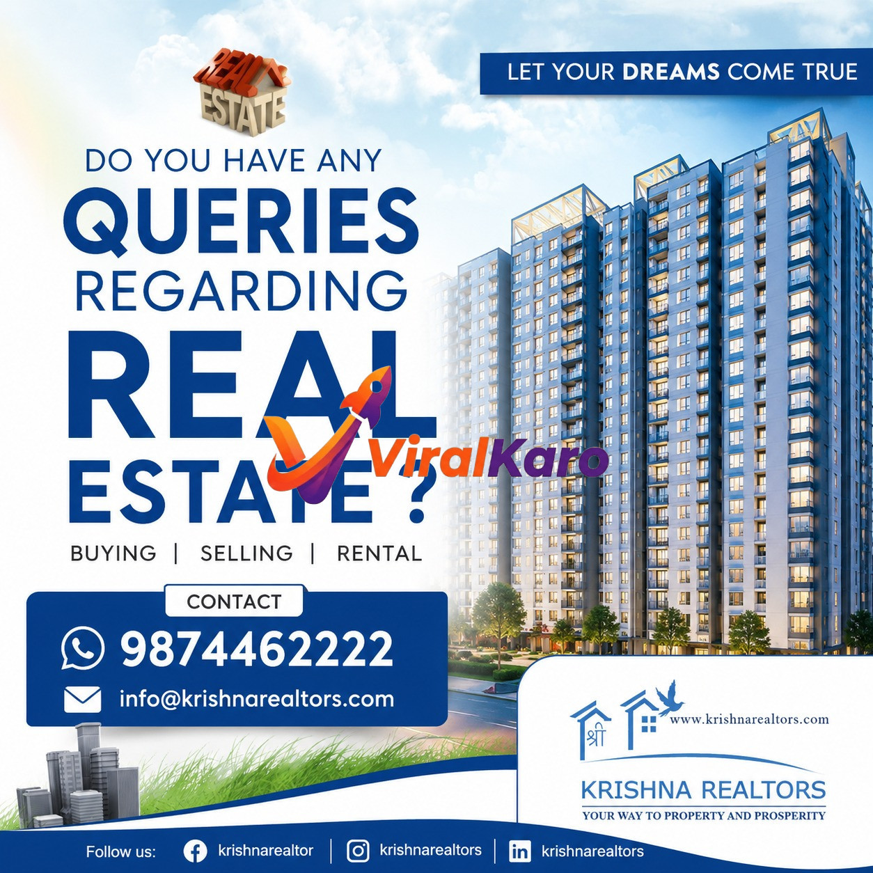 Marketing graphic for Krishna Realtors offering real estate services including buying, selling, and rentals with contact information.