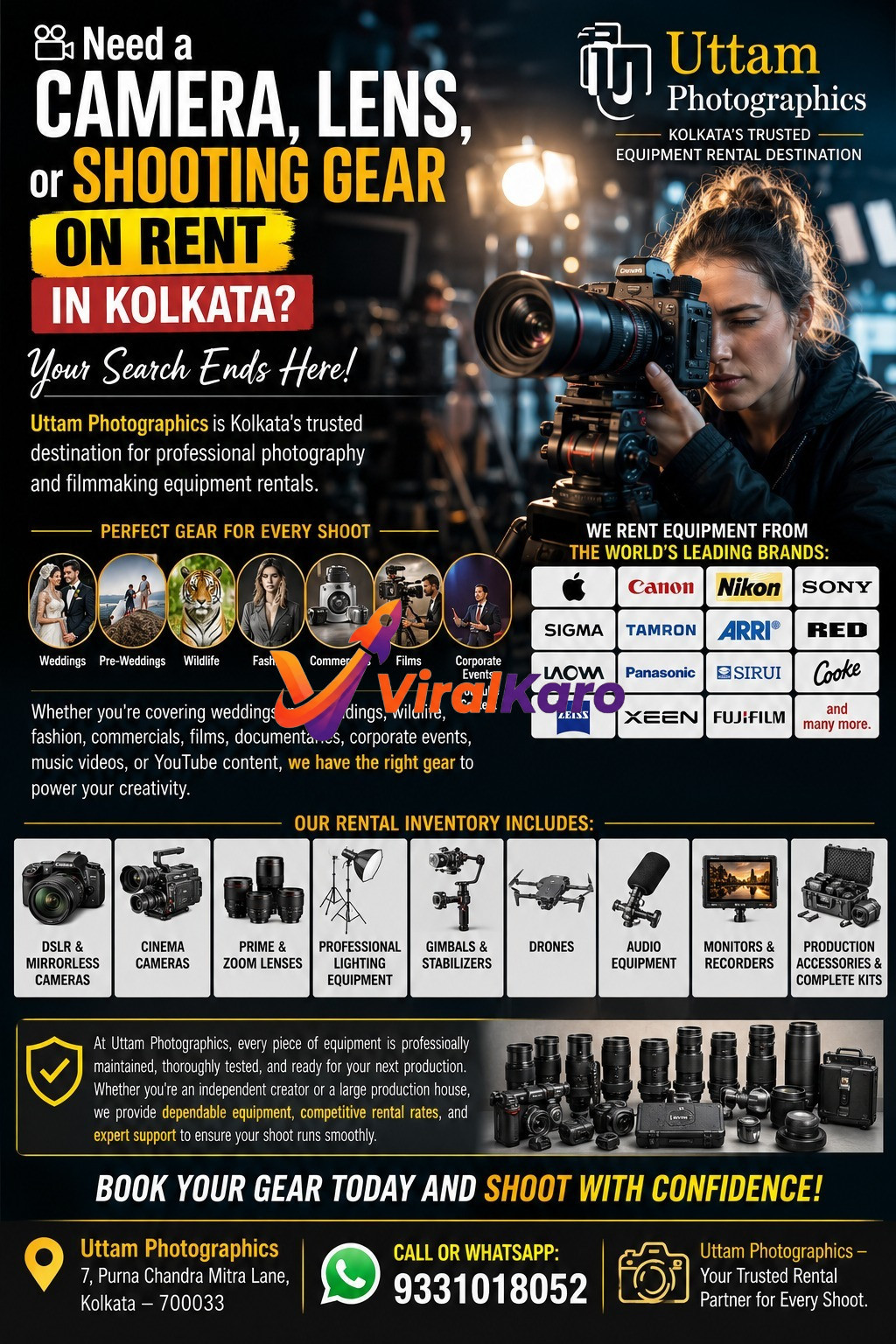 Advertisement for Uttam Photographics in Kolkata showing a woman using a professional camera, list of rental categories, world-leading camera brands, and contact details.