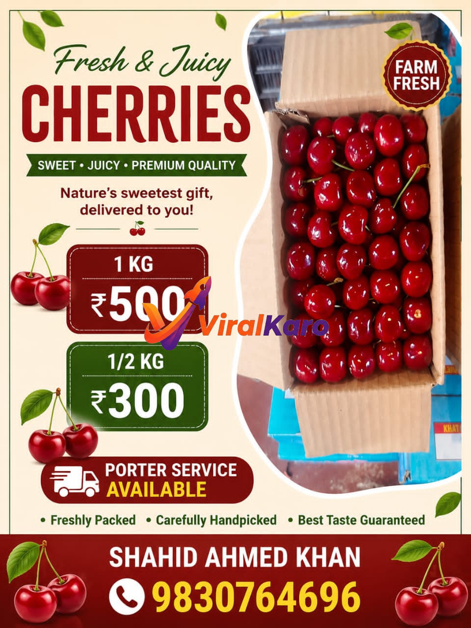 A promotional advertisement for farm-fresh cherries showing a cardboard box full of red cherries with pricing details and contact information for Shahid Ahmed Khan in Kolkata.