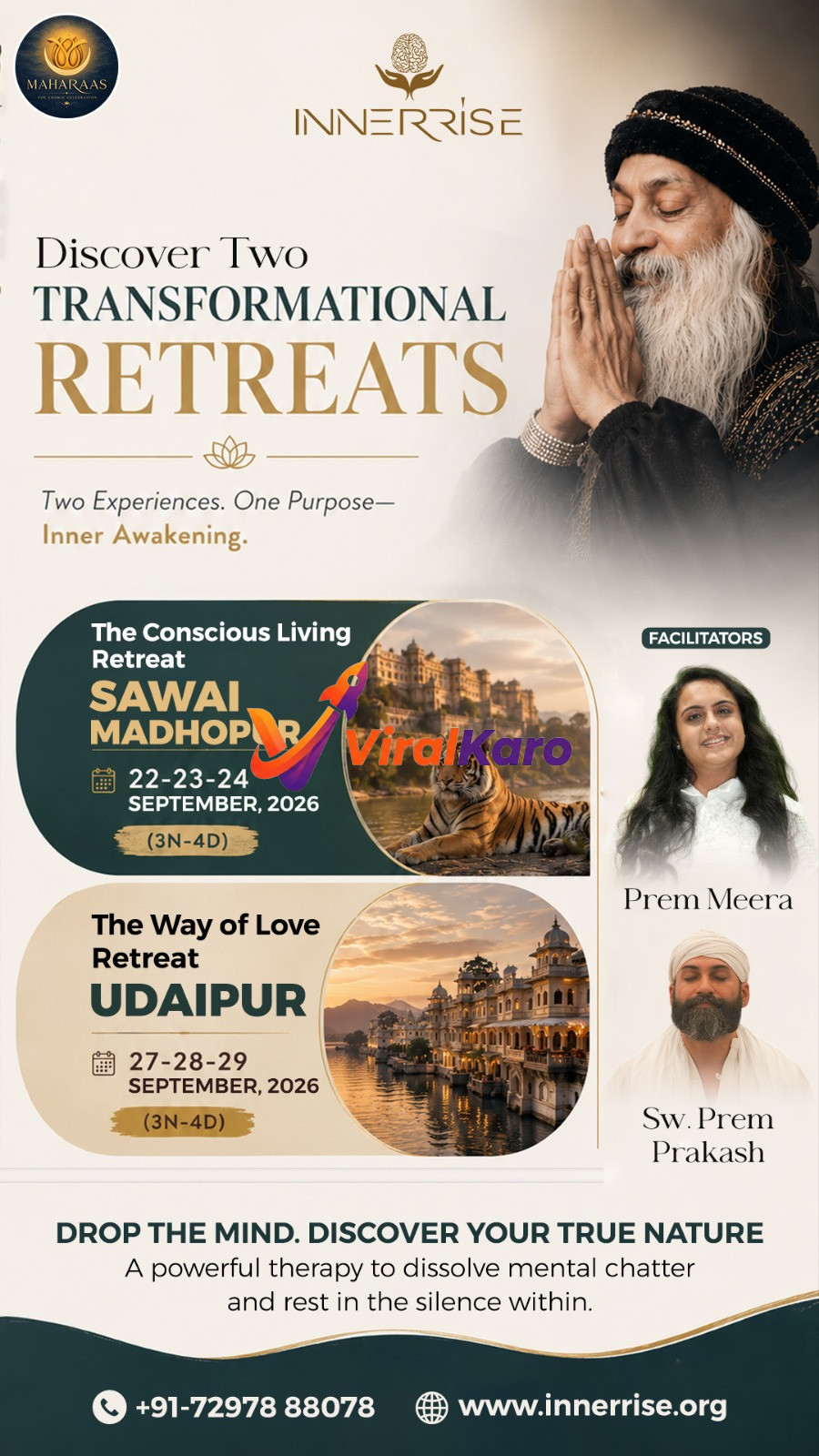 InnerRise transformational retreats flyer featuring Osho, facilitators Prem Meera and Sw. Prem Prakash, with event dates for Sawai Madhopur and Udaipur.