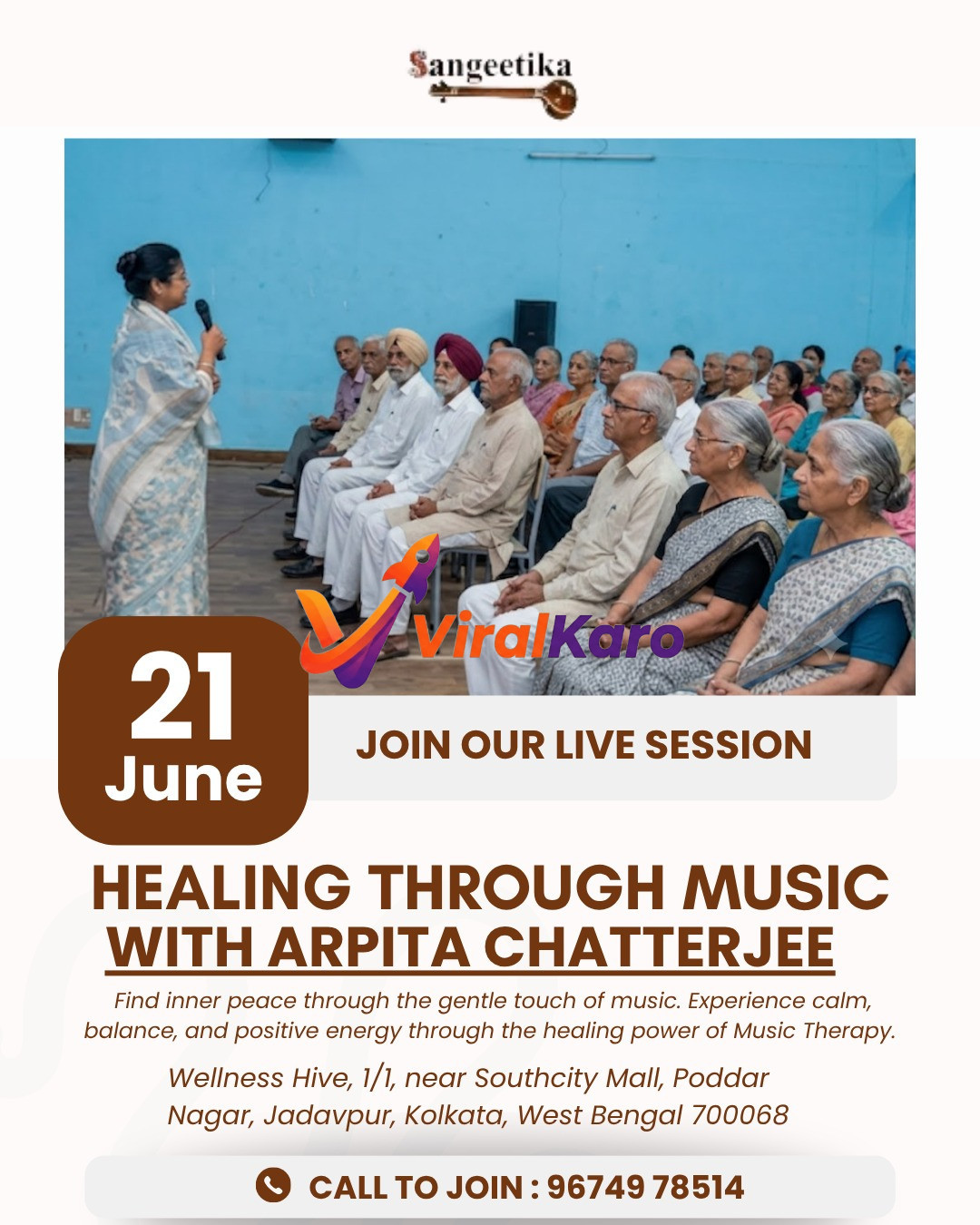 Arpita Chatterjee leading a music therapy session for a group of seniors at Wellness Hive in Kolkata.