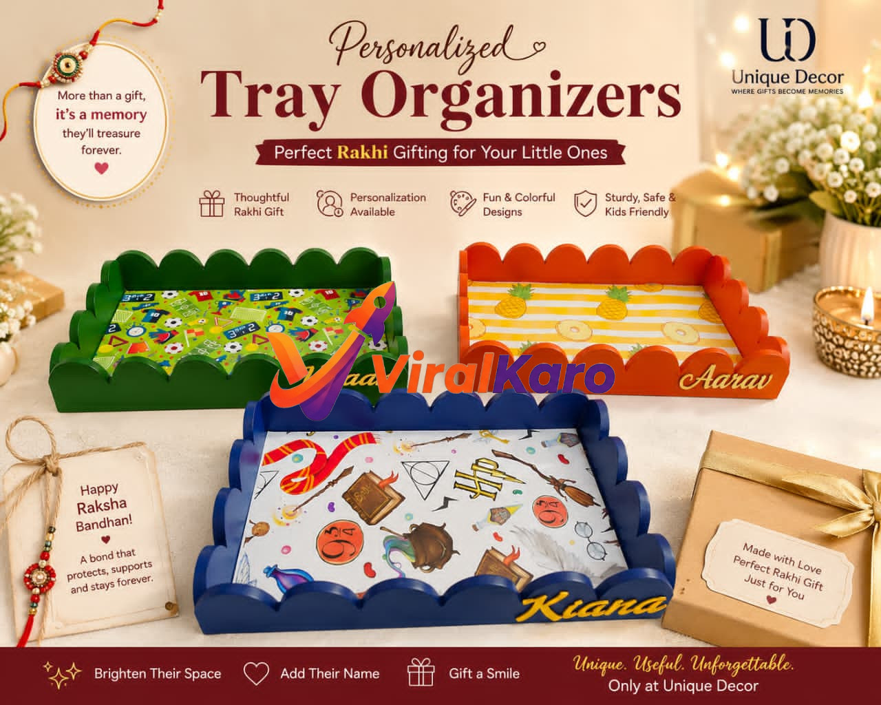Three colorful wooden personalized tray organizers with themes like Harry Potter and sports, featuring a Rakhi and gift box on a white background, labeled Unique Decor.
