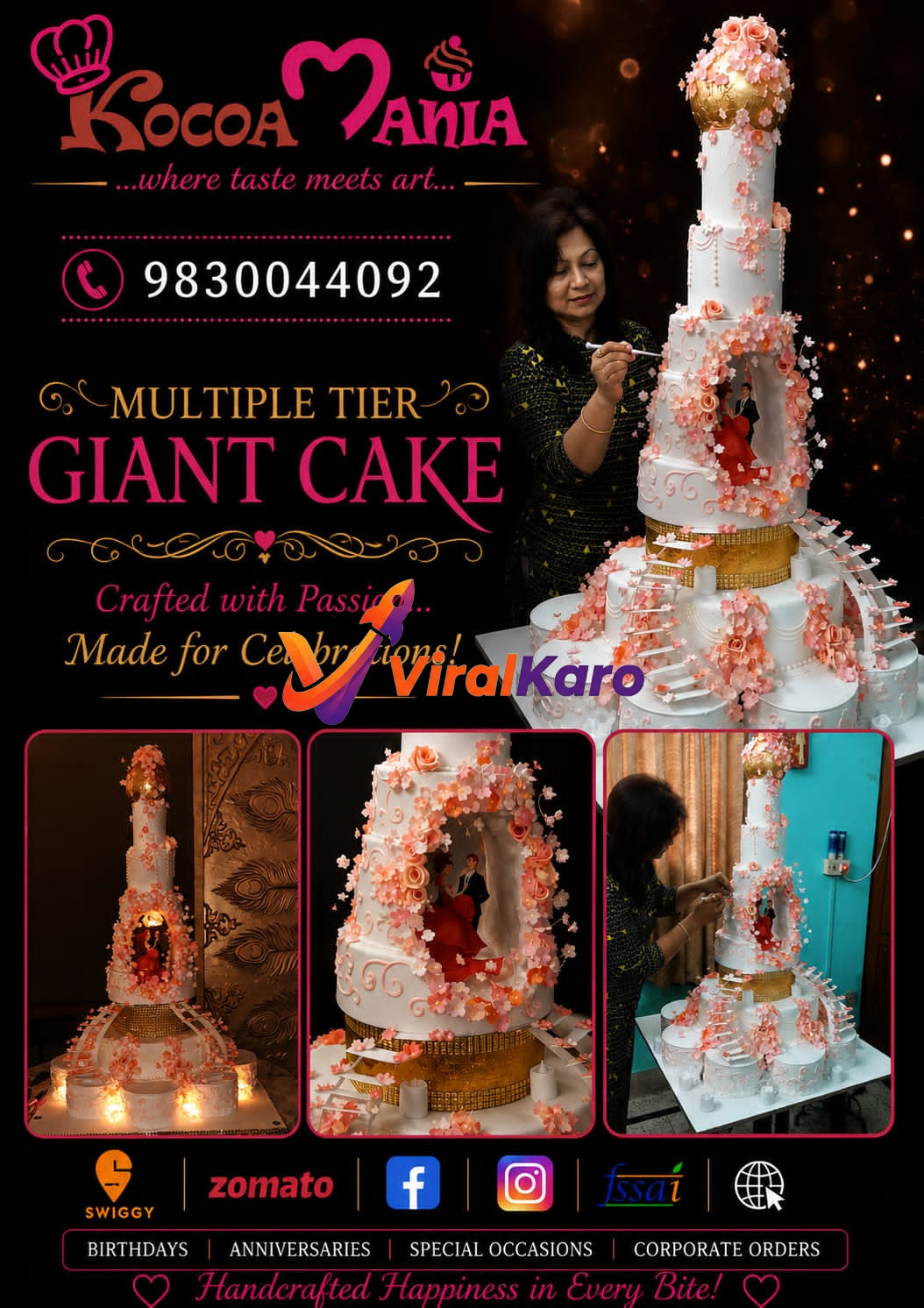 A baker at Kocoa Mania putting final touches on a massive, elaborate multi-tier wedding cake decorated with flowers and a small illuminated couple figurine.