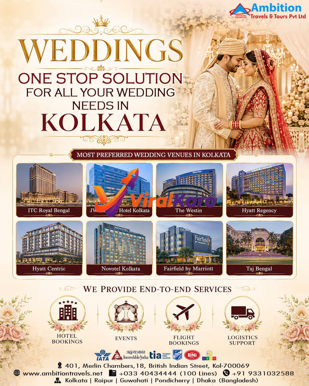 Promotional flyer for Ambition Travels & Tours featuring wedding planning services in Kolkata with images of luxury hotels like ITC Royal Bengal and Taj Bengal.