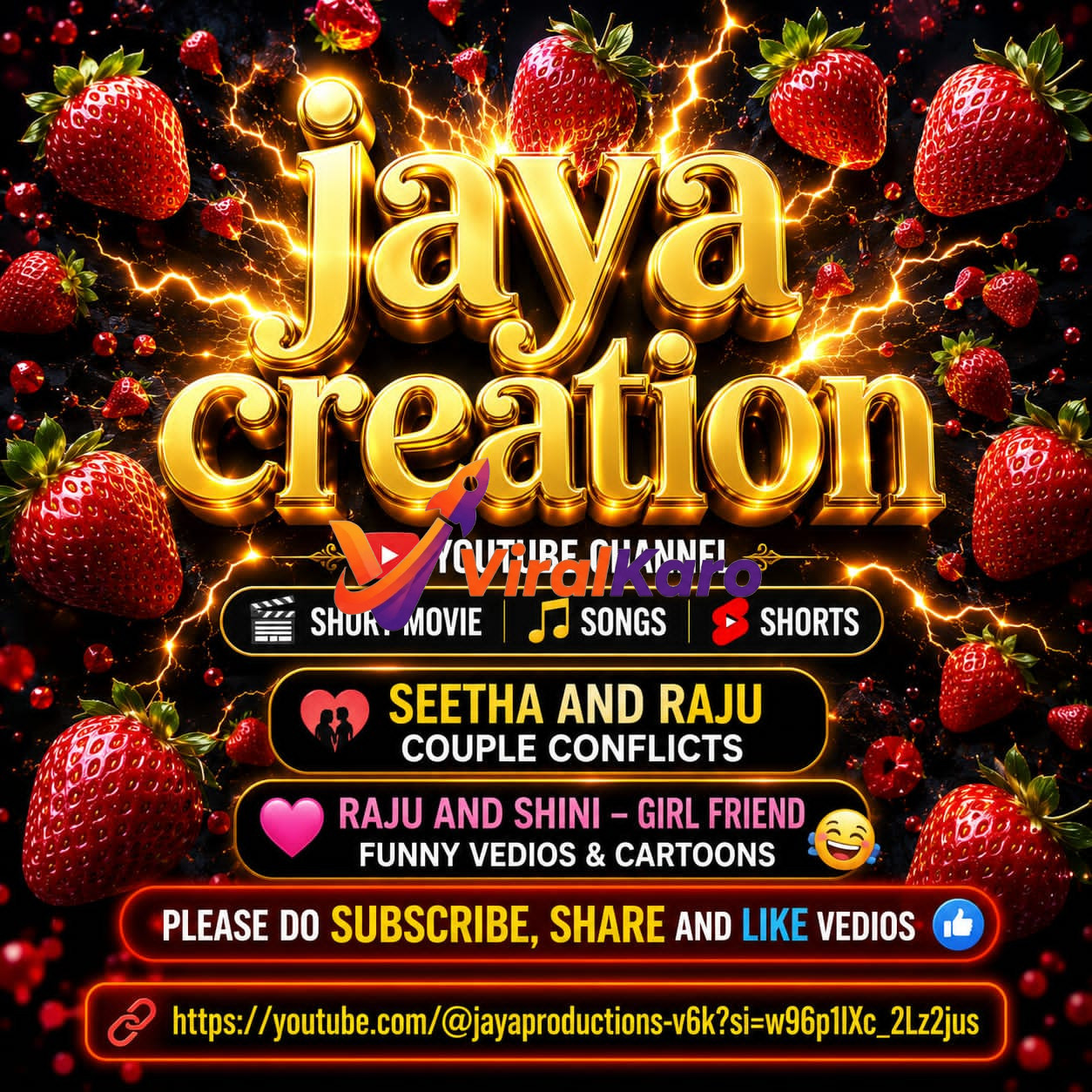 Jaya Creation YouTube channel branding logo with a strawberry-themed gold text design and neon lighting effects.