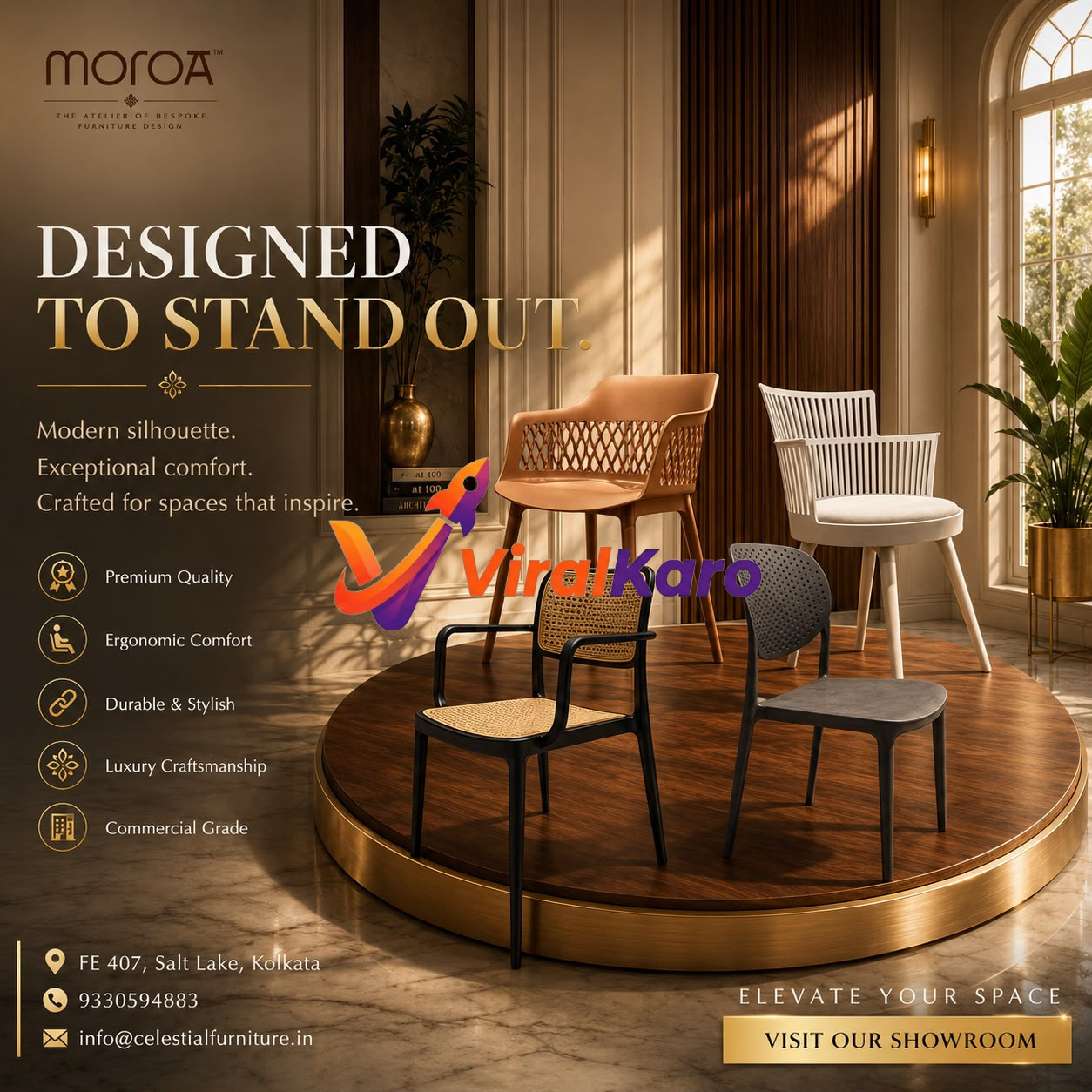 A luxurious display of four designer chairs from MOROA furniture atelier, showcasing modern silhouettes, rattan details, and a premium wooden circular stage in a sophisticated interior setting.