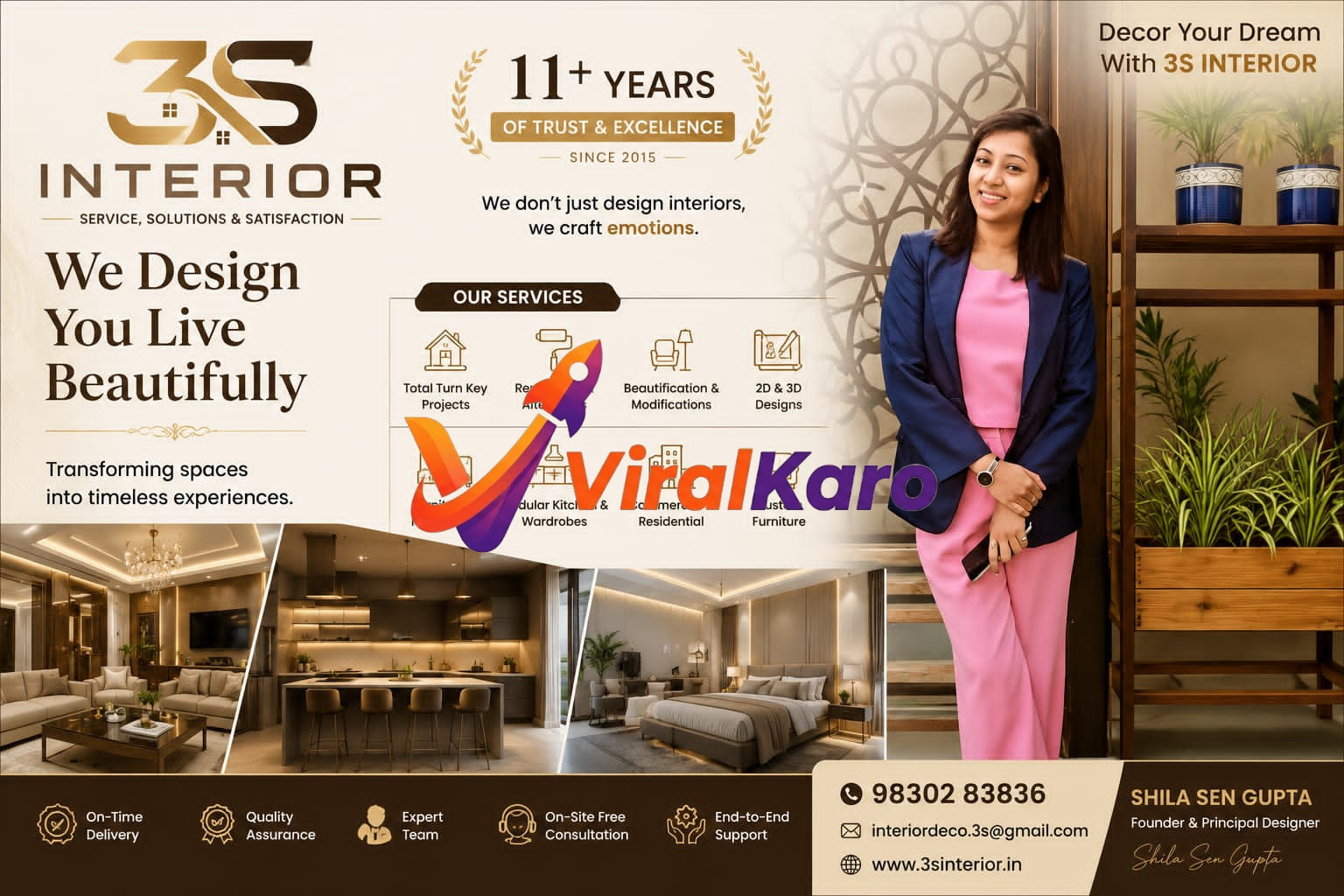 3S Interior promotional banner featuring principal designer Shila Sen Gupta and examples of luxury living room, kitchen, and bedroom interior designs.