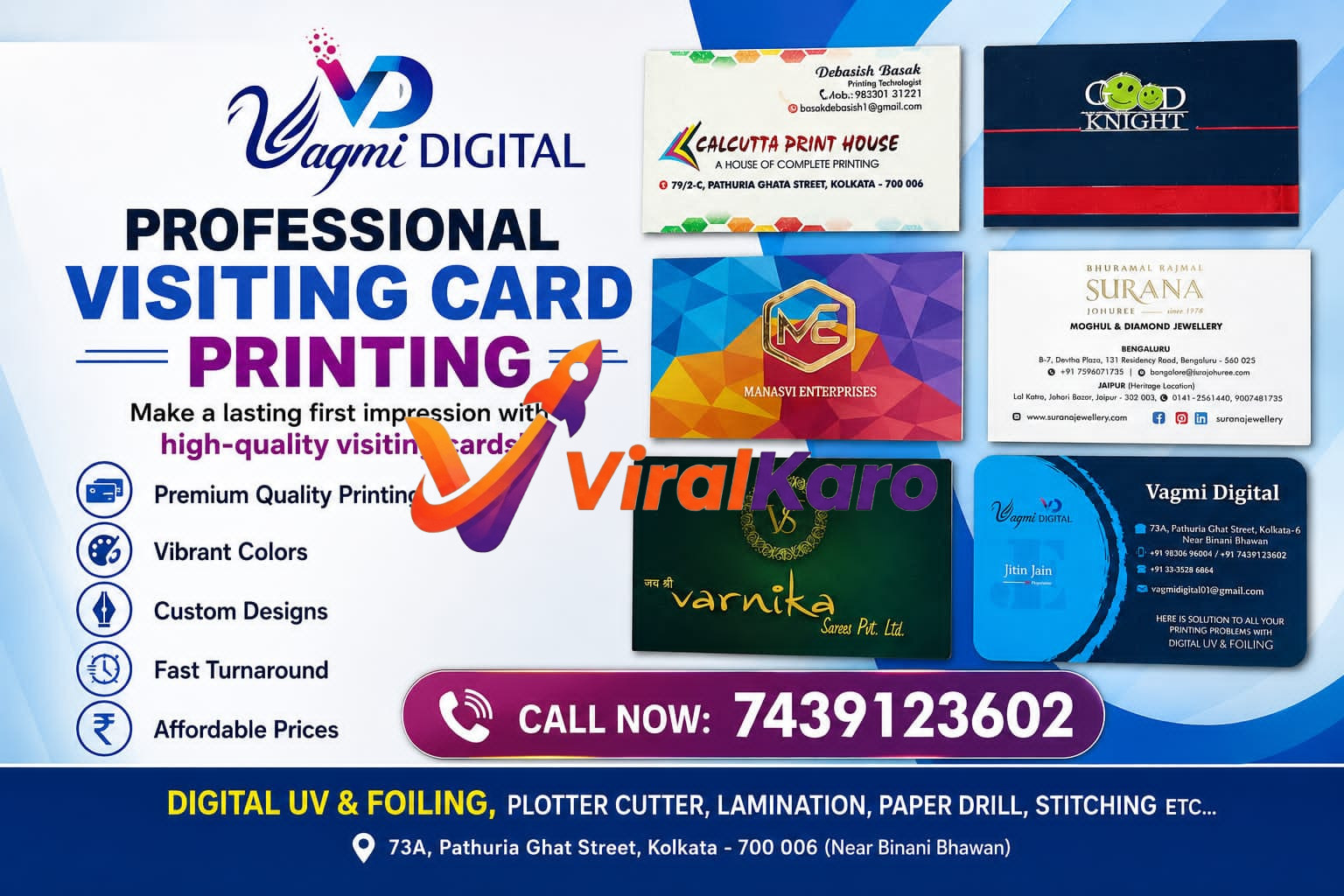 Vagmi Digital visiting card printing advertisement showing examples of business cards, contact information, and service highlights like digital UV and foiling in Kolkata.