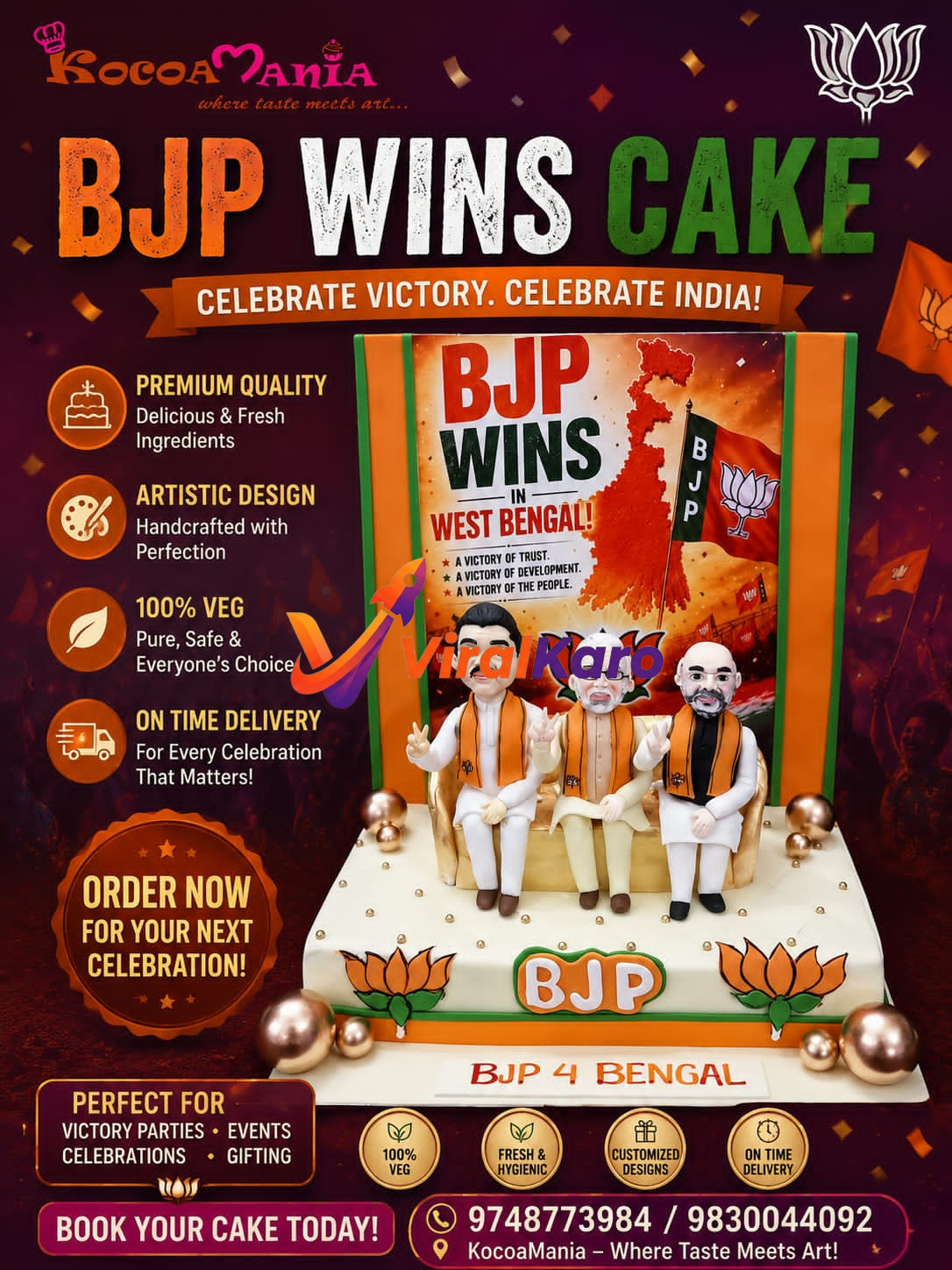 A custom-designed 'BJP Wins' cake from KocoaMania, featuring edible figurines of Indian political leaders like PM Modi, Amit Shah, and another, seated on a white cake decorated with BJP lotus symbols and confetti. The cake has a rectangular backdrop depicting a map of West Bengal with 'BJP Wins in West Bengal!' text, surrounded by orange BJP flags. The ad highlights premium quality, artistic design, 100% veg, and on-time delivery for celebration cakes.