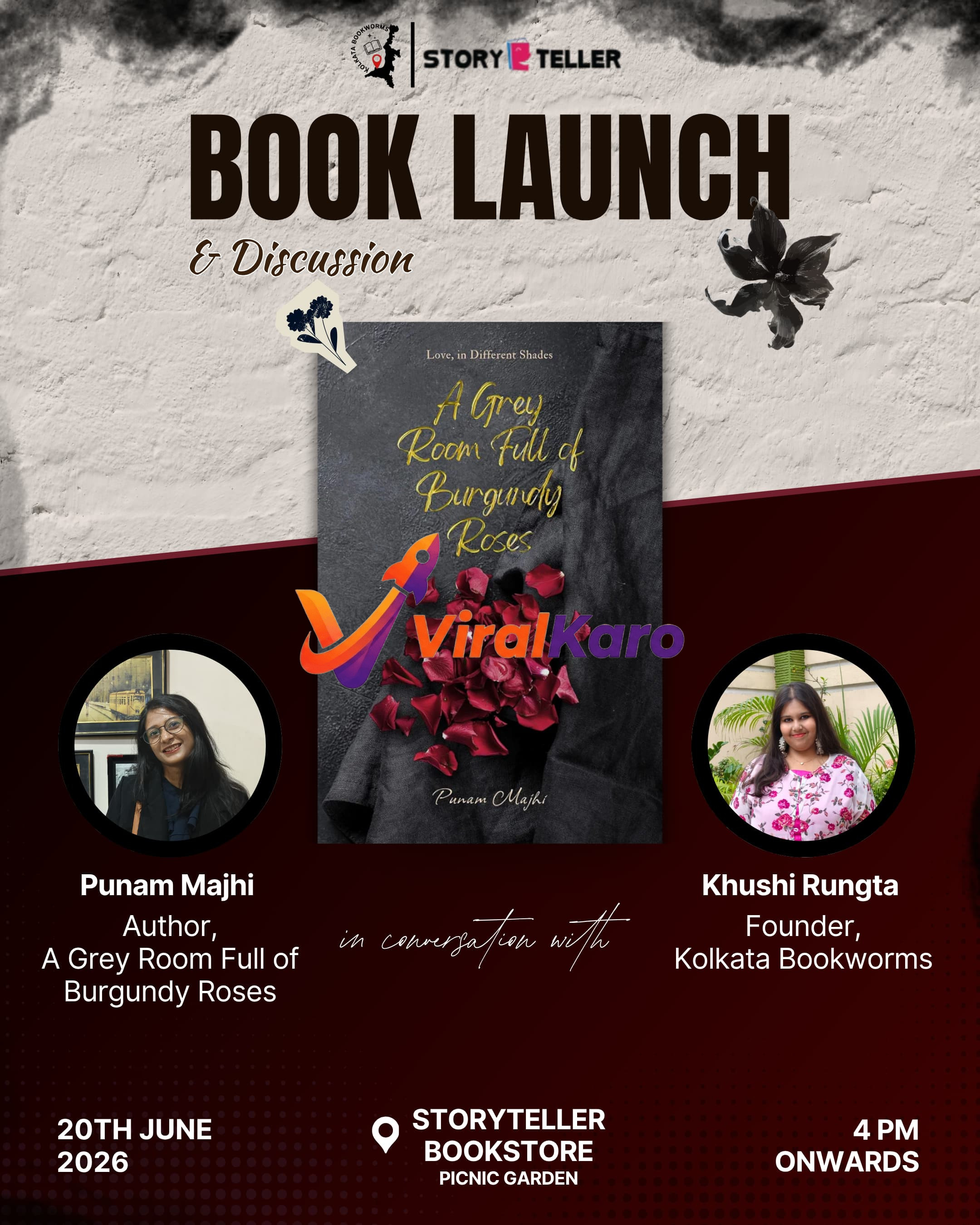 Event poster for the book launch of A Grey Room Full of Burgundy Roses by Punam Majhi, featuring a conversation with Khushi Rungta at Storyteller Bookstore, Kolkata.