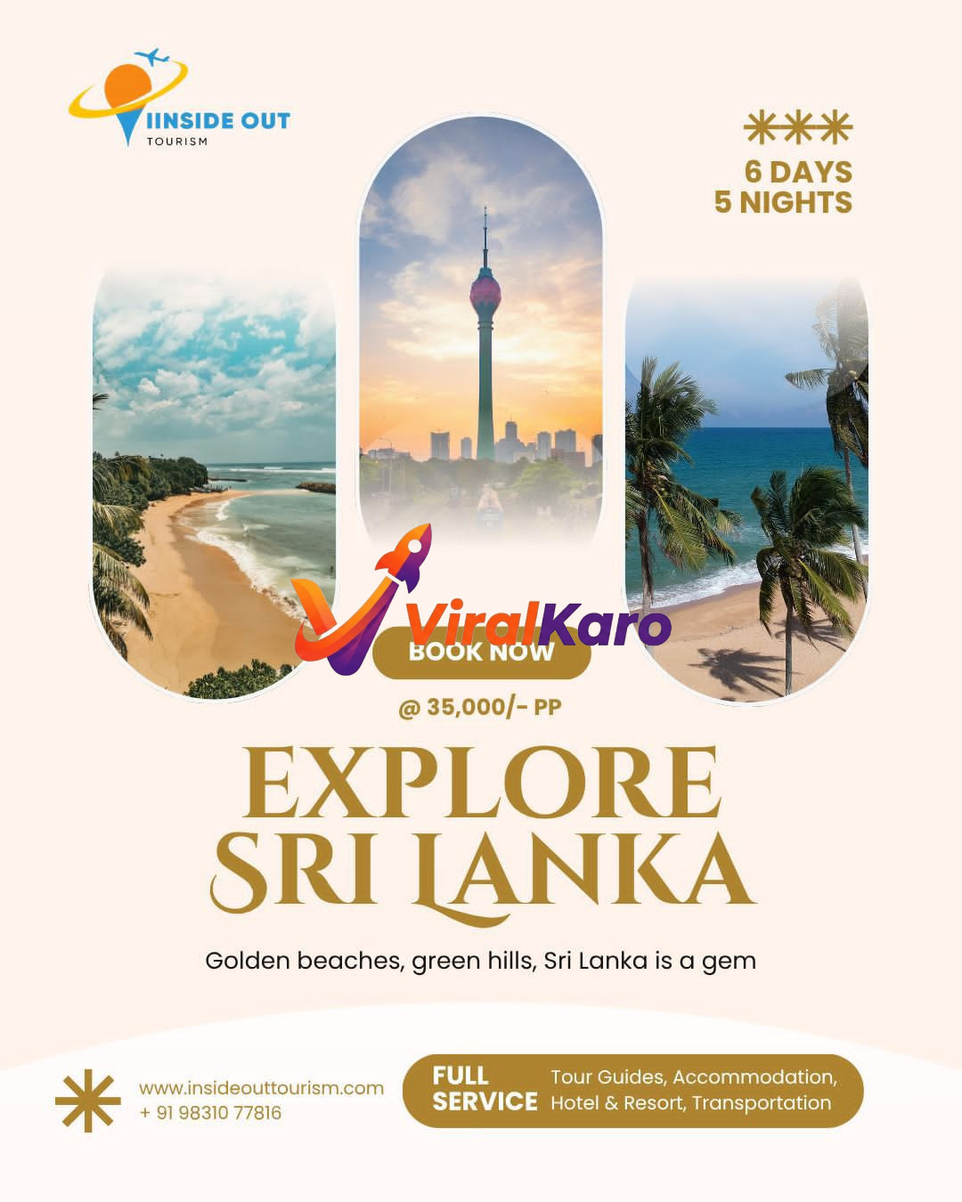 A promotional travel poster for a 6-day Sri Lanka trip featuring tropical beach scenes and the Lotus Tower in Colombo.