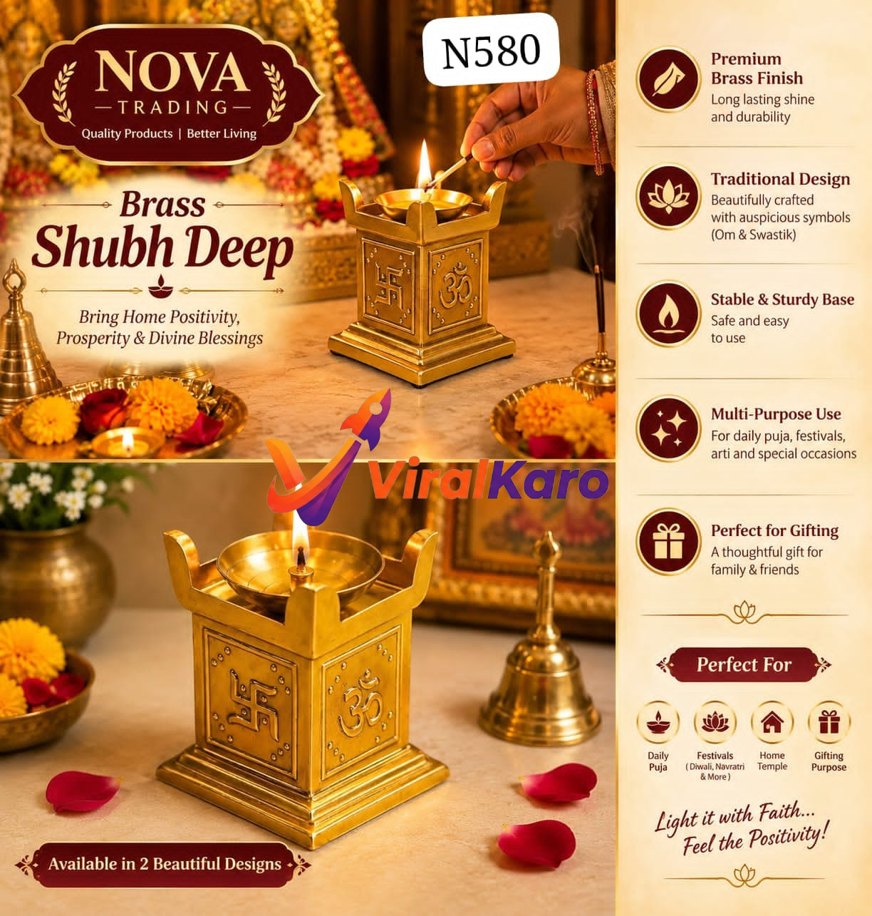 A premium brass Shubh Deep lamp by Nova Trading placed on a table with flowers, featuring traditional Om and Swastik engravings for puja rituals.