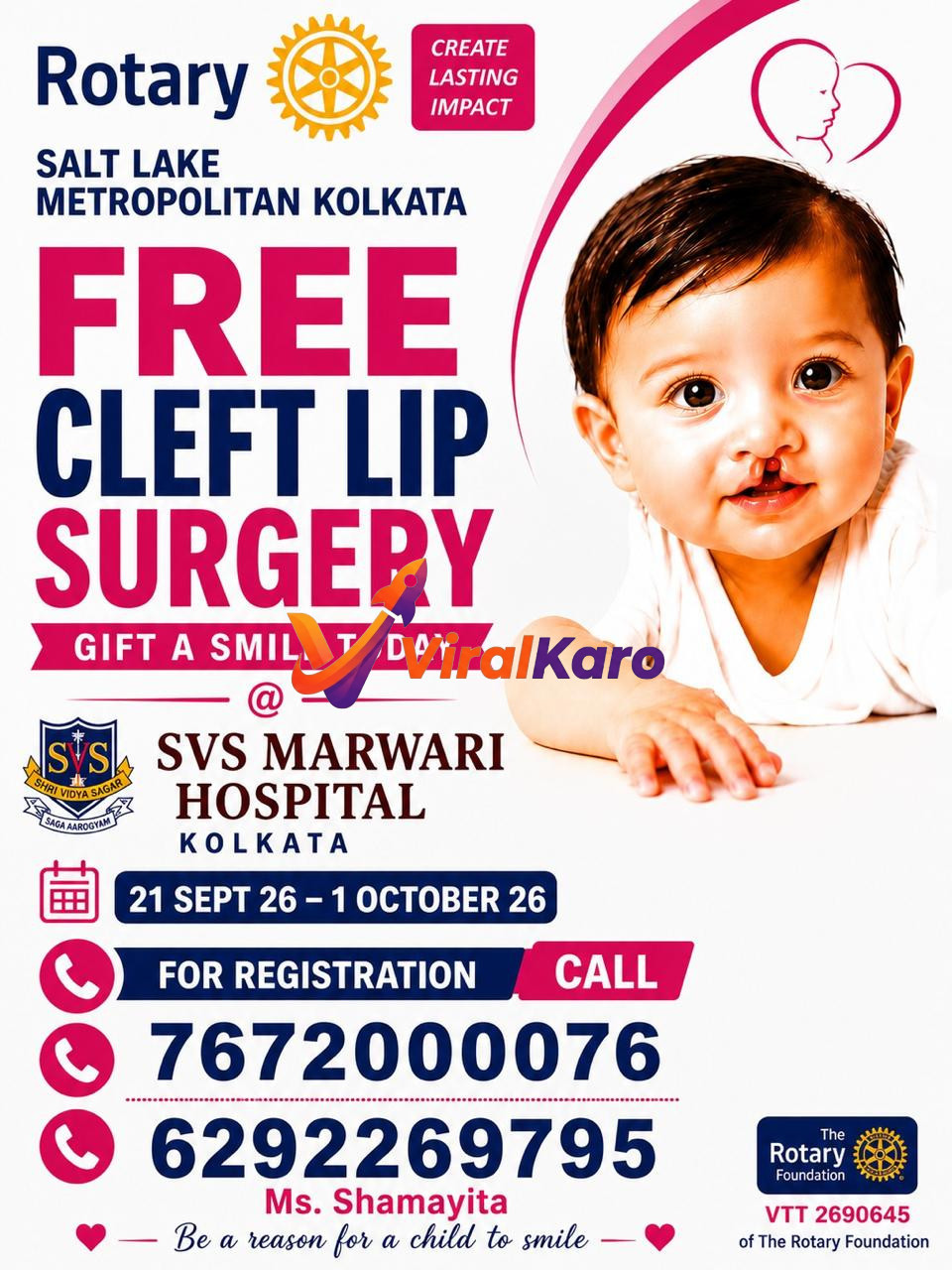A poster for a free cleft lip surgery camp organized by Rotary Club Salt Lake Metropolitan Kolkata at SVS Marwari Hospital featuring a smiling baby.