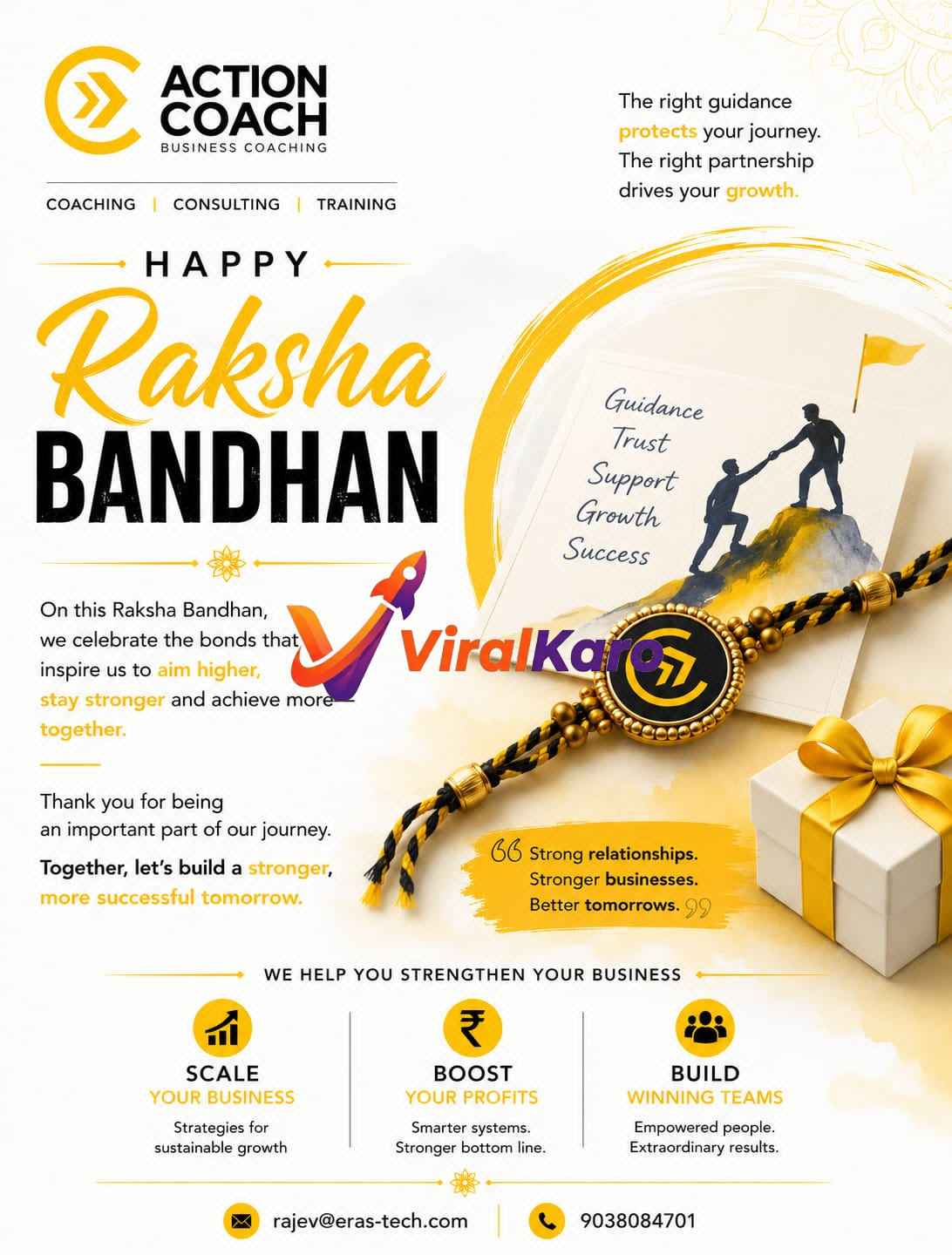 ActionCoach Raksha Bandhan greeting graphic featuring a rakhi, a success-themed illustration, and business growth slogans.