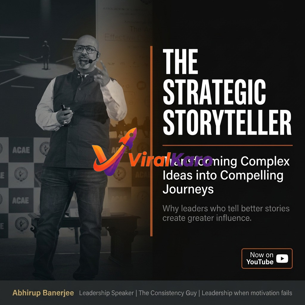 Abhirup Banerjee, a leadership speaker, presenting on a stage with a slide titled The Strategic Storyteller, focusing on converting complex ideas into compelling journeys.