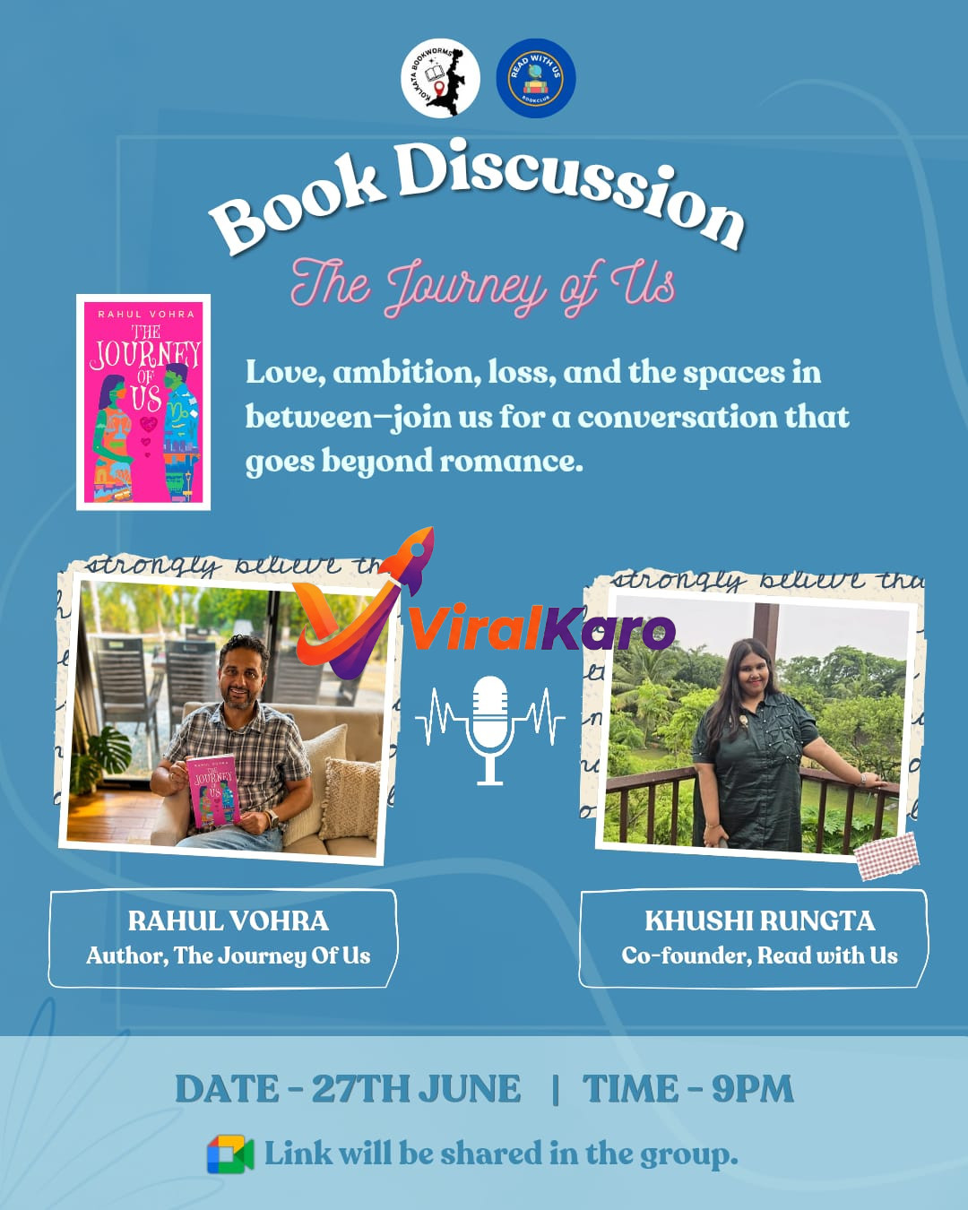 Event poster for a virtual book discussion on The Journey of Us featuring author Rahul Vohra and Khushi Rungta, organized by Kolkata Bookworms.
