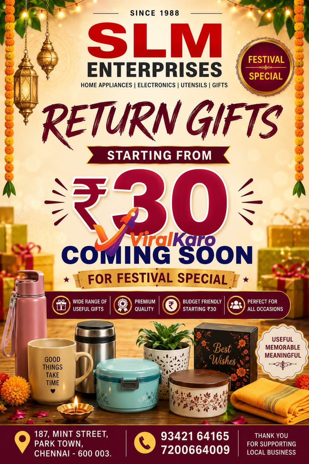 Promotional poster for SLM Enterprises in Chennai featuring various household gift items, tea mugs, and festive decorations with text announcing prices starting from ₹30.