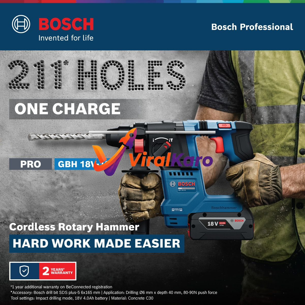 A close-up shot of a person wearing brown work gloves holding a blue and black Bosch Professional GBH 18V-18 Cordless Rotary Hammer with an 18V 4.0Ah battery. The tool features a drill bit, and the background displays text '211 HOLES ONE CHARGE' and 'HARD WORK MADE EASIER' against a concrete texture. The Bosch logo is visible at the top left.