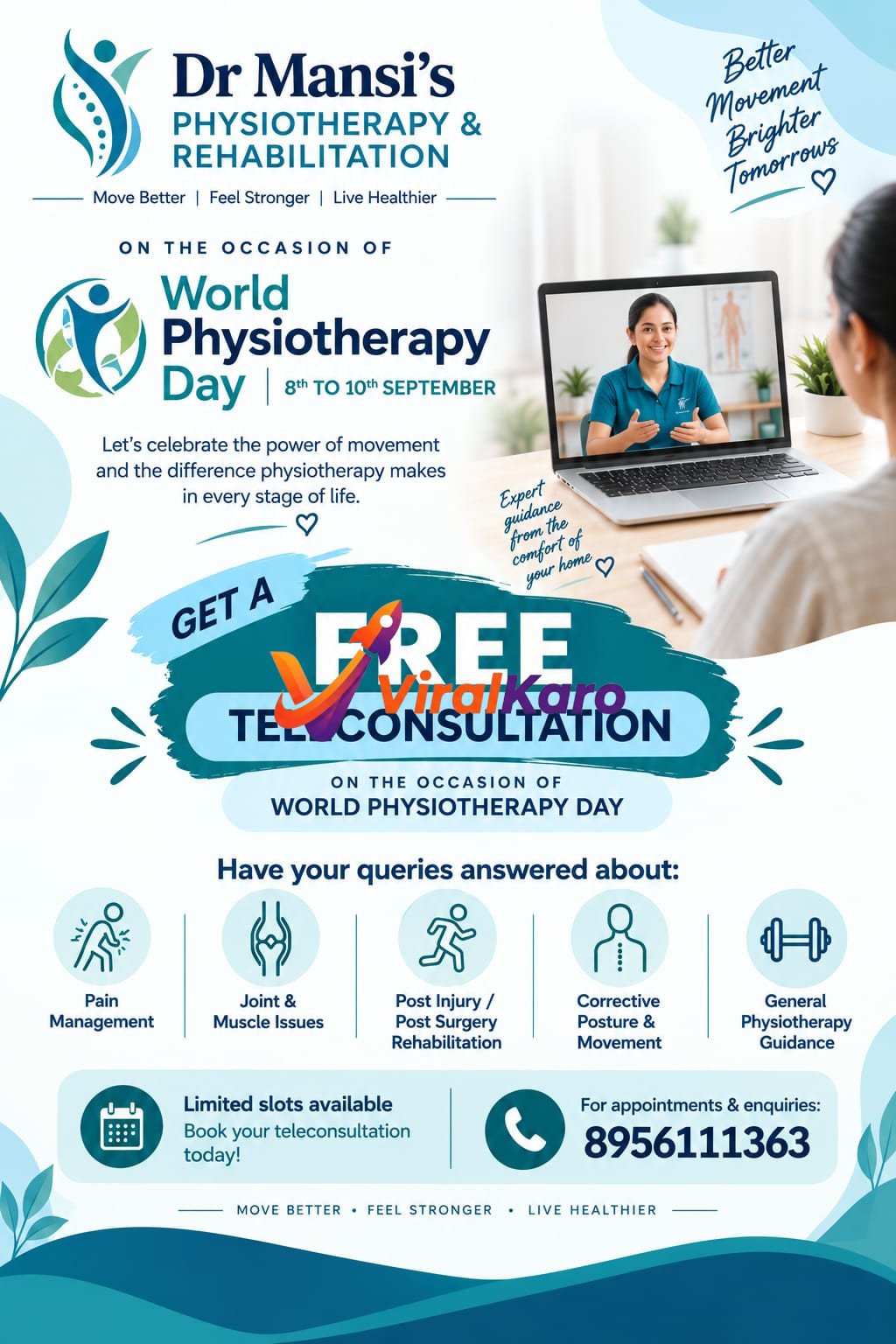 Dr. Mansi's Physiotherapy and Rehabilitation World Physiotherapy Day promotional flyer offering free teleconsultations.